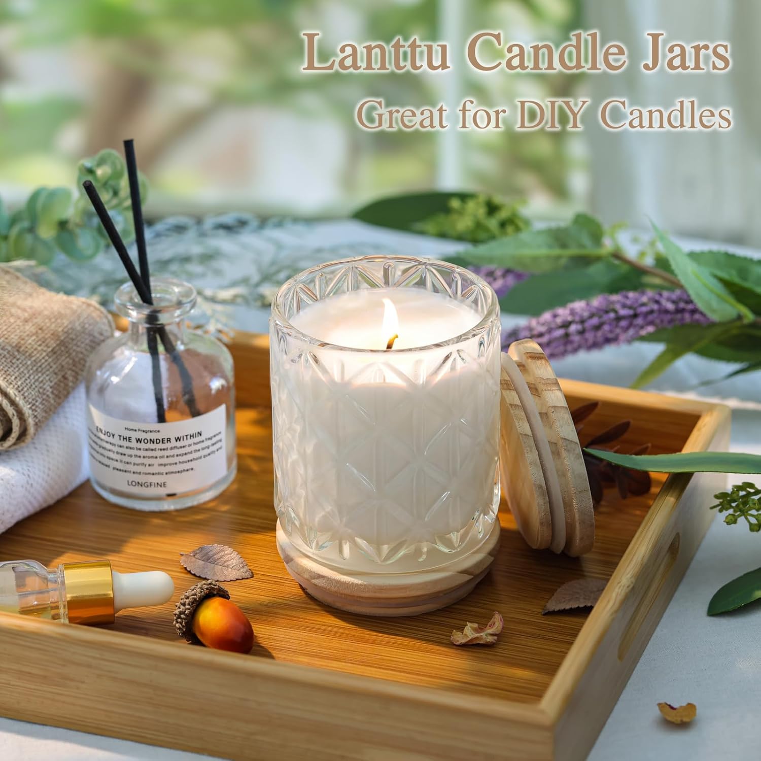 Lanttu 10pcs Empty Clear Diamond Glass Candle Jars, 7oz Glass Containers with Wooden Lids and Labels, Candle Vessels for DIY, Gifts, Candle Making Supplies, Wedding Decorations