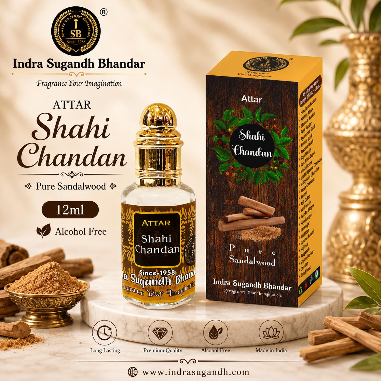 INDRA SUGANDH BHANDAR Liquid Attar For Men|Women Shahi Chandan Real Sandalwood Long Lasting Fragrance 12Ml Rollon Pack
