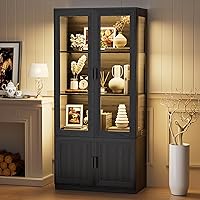BROTTAR 67" Black Curio Display Cabinet with Acrylic Doors, 3 LED Motion Sensor Lights, Shelves & Storage for Books, Toys, Trophies