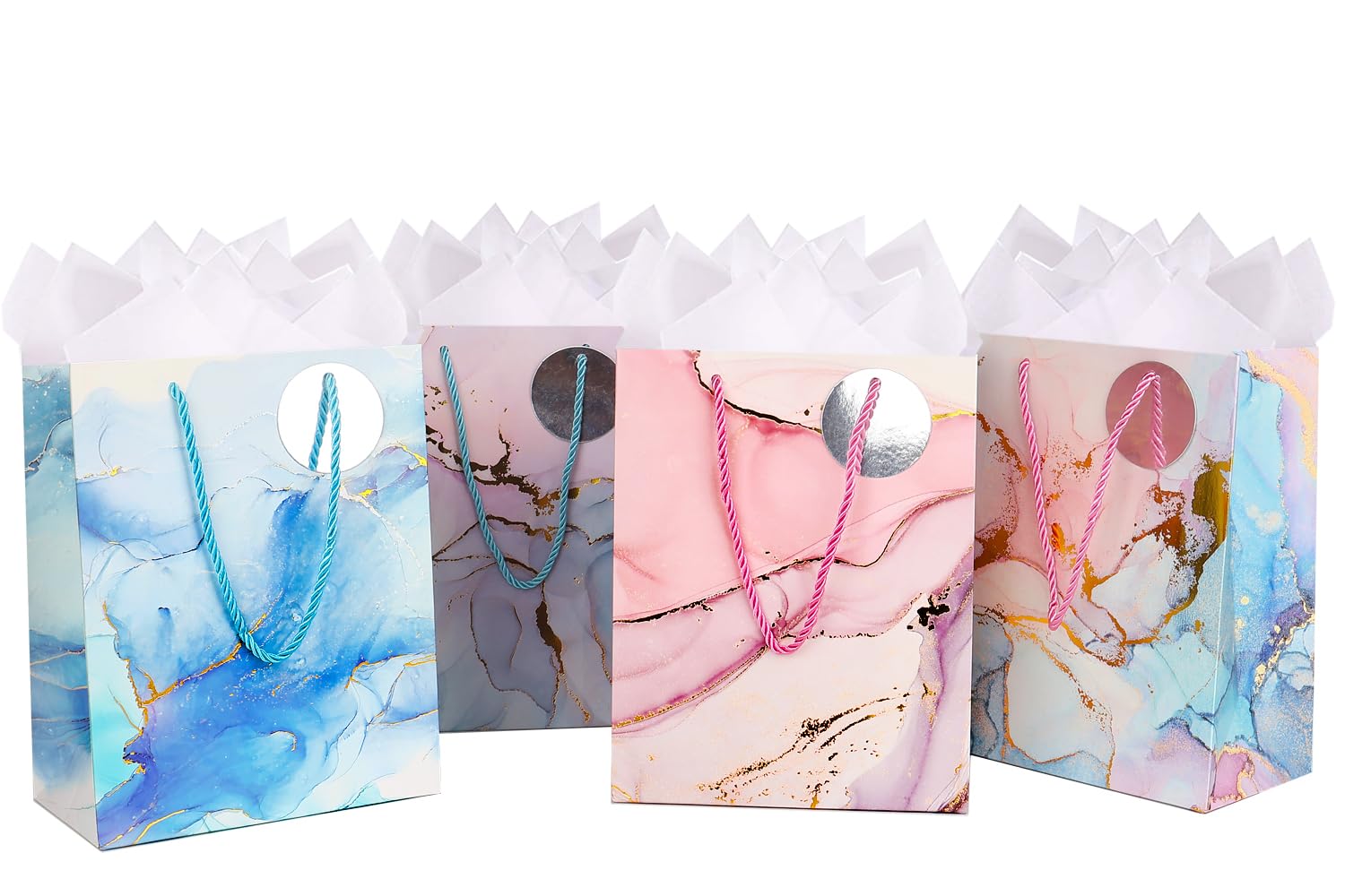Bolsas de regalo de tamaño mediano, paquete de 4 bolsas de papel de mármol de 9 pulgadas con papel de seda para compras, negocios, cumpleaños, boda, baby shower, fiesta de Navidad (mármol)