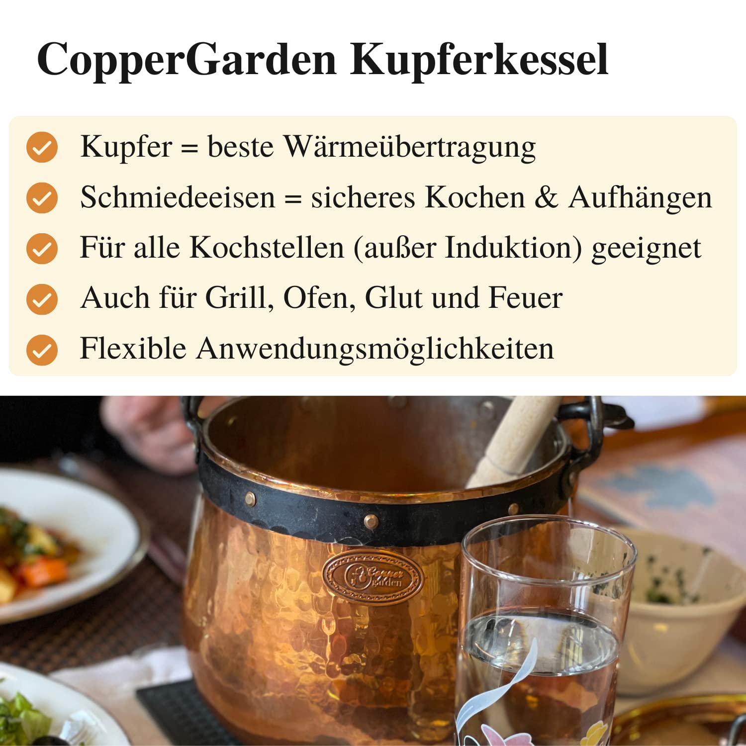 CopperGarden Kupferkessel 10 Liter I Hexenkessel mit Henkel & Deckel I Handgeschmiedeter Kessel aus blankem Kupfer I ideale Wärmeleitung I Feuerkessel zum Kochen I für Gas & Elektroherd geeignet