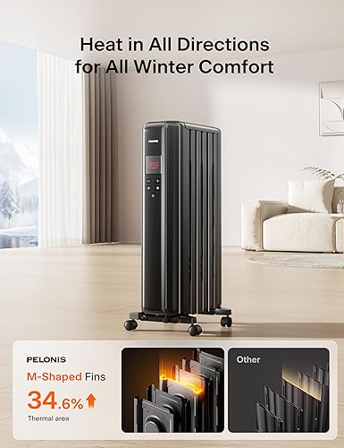 Miniatura 2 de PELONIS Calentador de radiador lleno de aceite para uso en interiores, habitación grande con control remoto, calentador eléctrico con termostato,