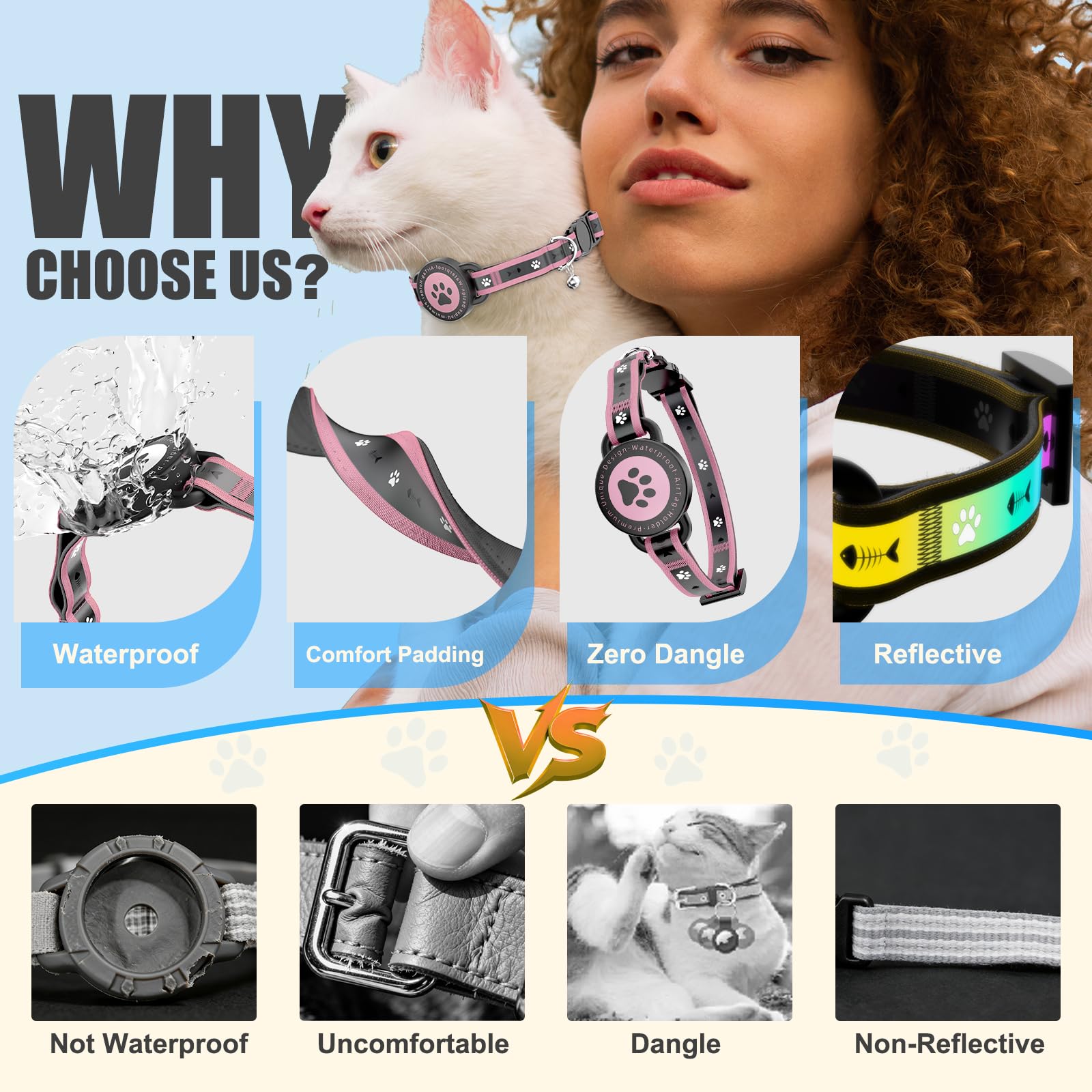 Airtag - Collar de gato Breakaway, collar reflectante para gatito con soporte para Apple Air Tag y campana, acolchado cómodo, ajustable, duradero, se adapta a gatos y niñas (rosa, XS)