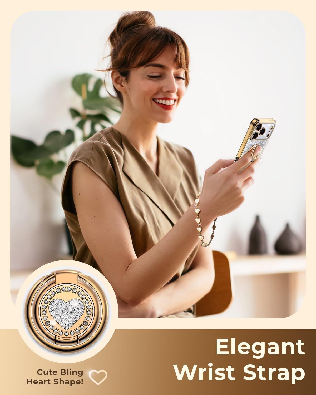 XYZ for iPhone 17 Pro Case with Stand, Phone Case with Double Ring Kickstand, Women Girls Bling Luxury Glitter Clear Phone Case Cover Heart for Apple 17 Pro, Gold - Image 4