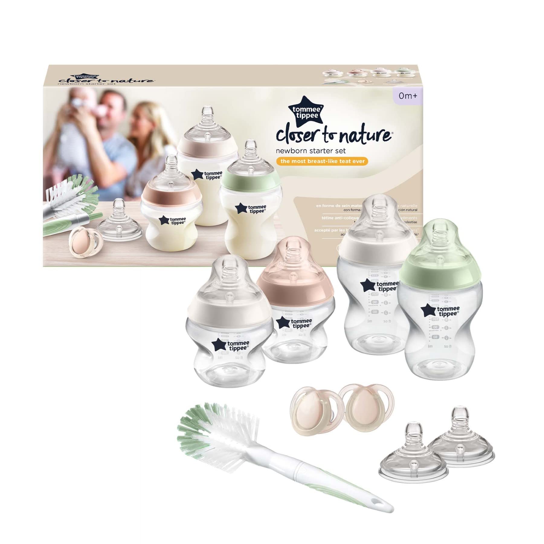 Tommee Tippee Closer to Nature Babyflaschen Starterset, Natürlich geformter Trinksauger mit Anti-Kolik-Ventil, Verschiedene Größen, Klar (Farbe und Design kann variieren)