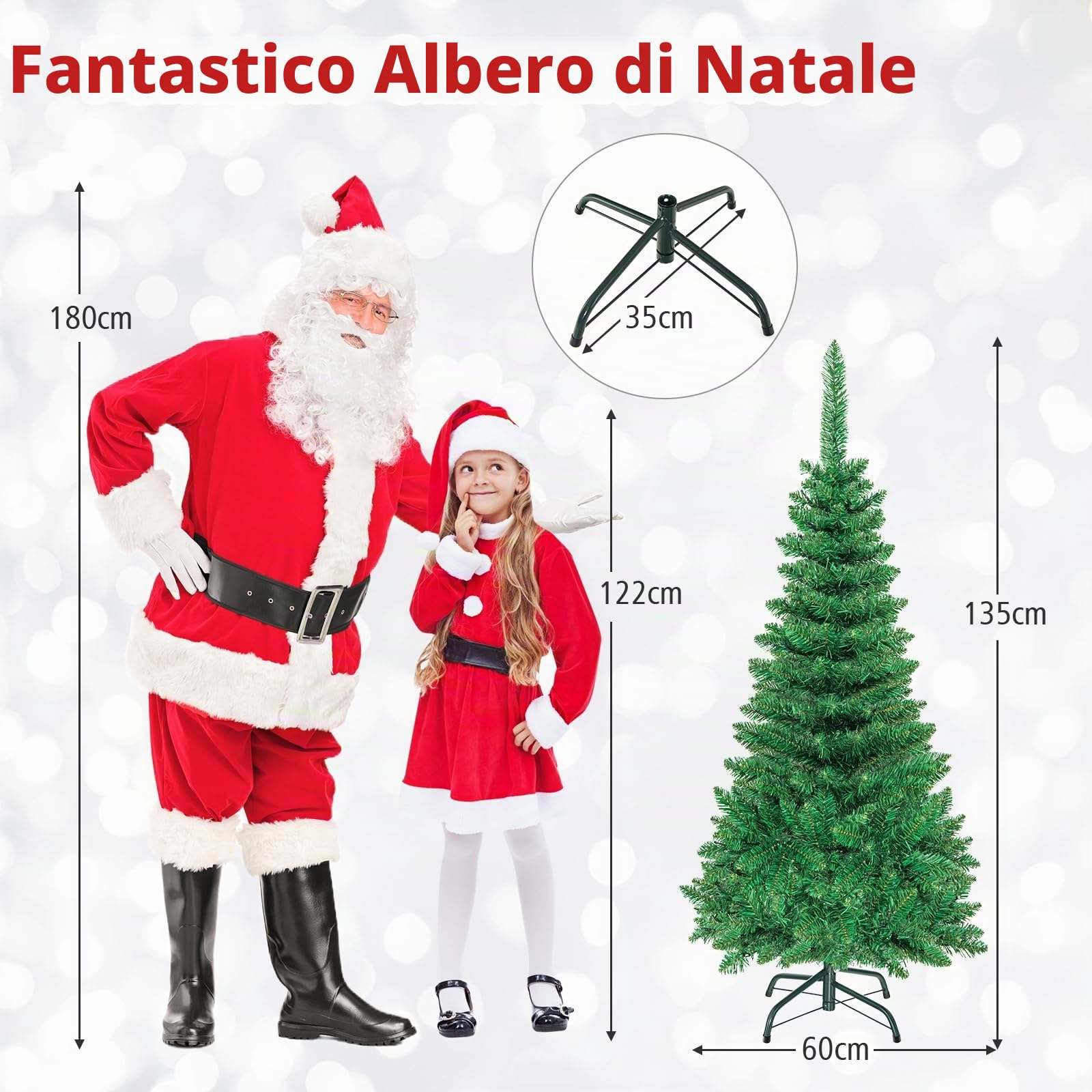 KOMFOTTEU Albero di Natale Artificiale 135/200/225 cm, Albero di Natale con Luci LED Incorporate e Supporto in Metallo, Christmas Tree con Rami in PVC, per Casa, Negozio, Ufficio, Feste (S)