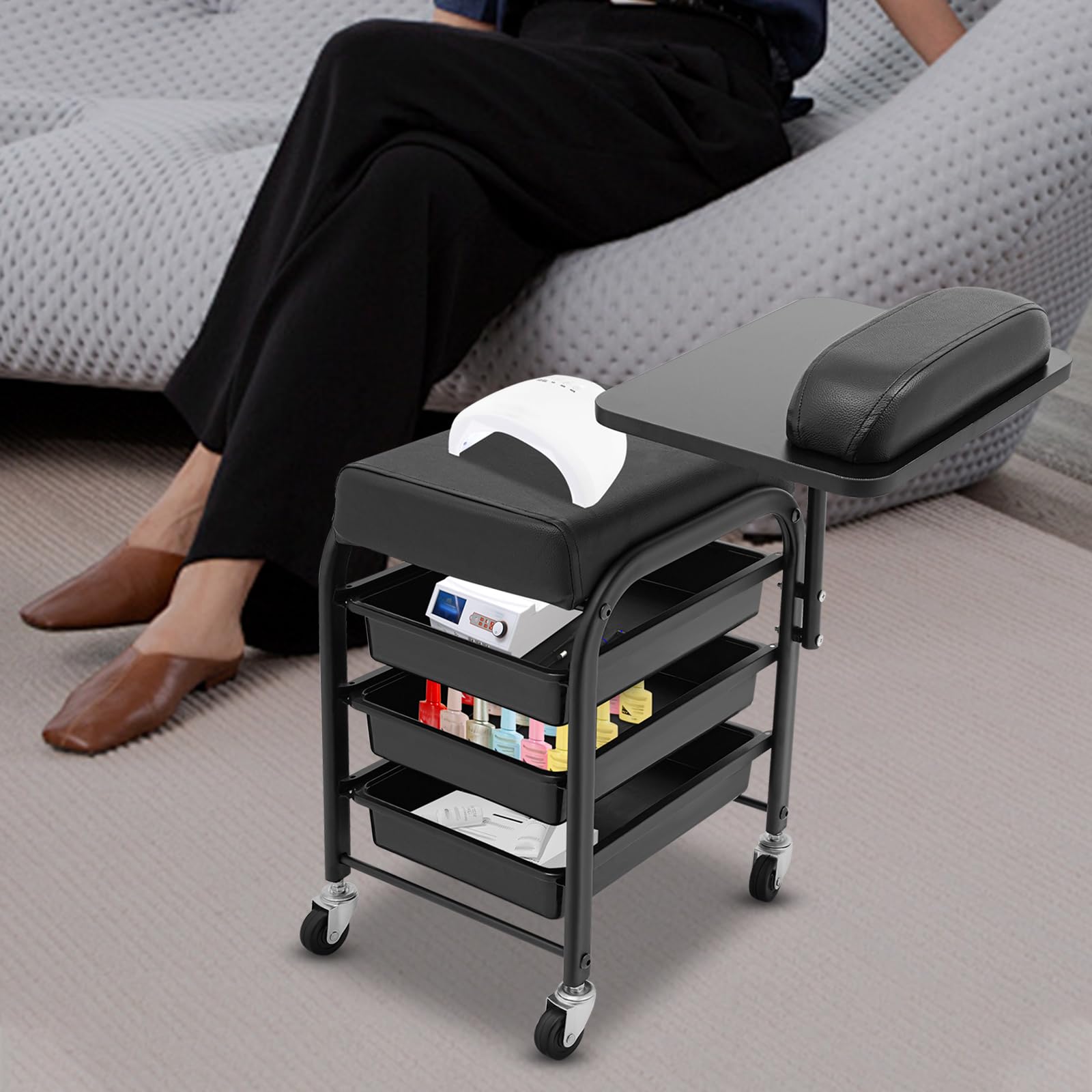Chariot de spa portable pour bain de pieds avec 3 tiroirs, 4 roues universelles et plateau rotatif