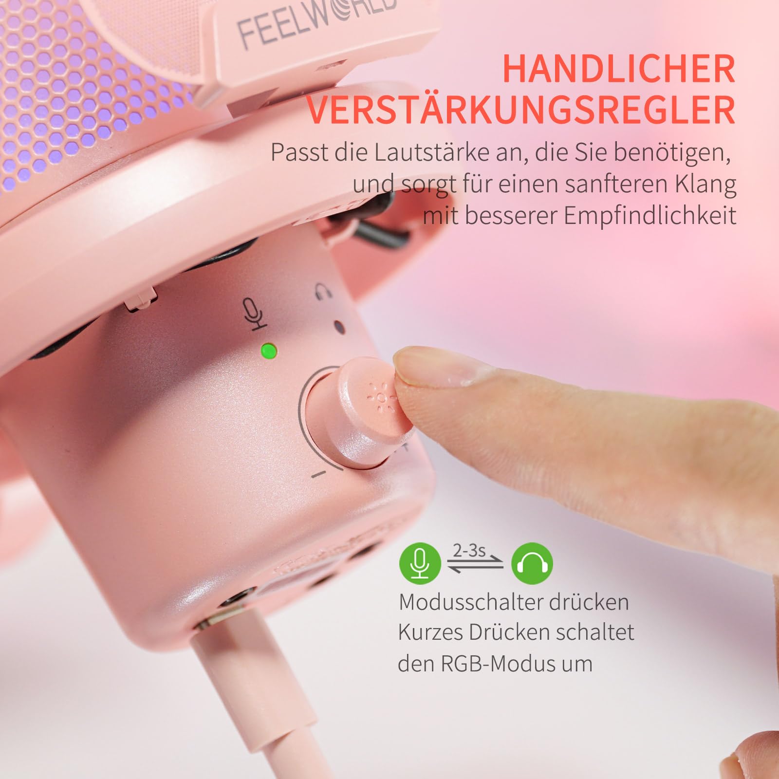 FEELWORLD VM1 USB-Gaming-Mikrofon für die Aufnahme von Podcasts,Pink Formfaktor,Studio PC Mikrofon mit Stummschaltung,Rauschunterdrückung,RGB-Licht,Anti-Spray-Mesh, Desktop-Ständer