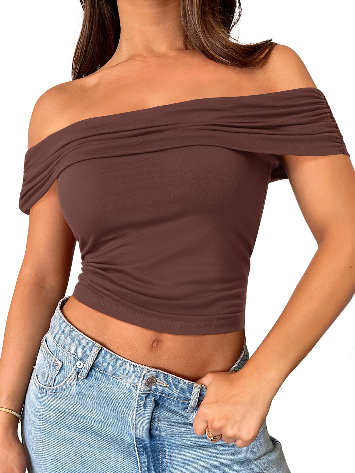 TRAF Asymmetric Short Top Woman Off Shoulder Crop Tops Women 2024 New Elastic Corset Top Female Streetwear Casual T-shirts Tops main image 1