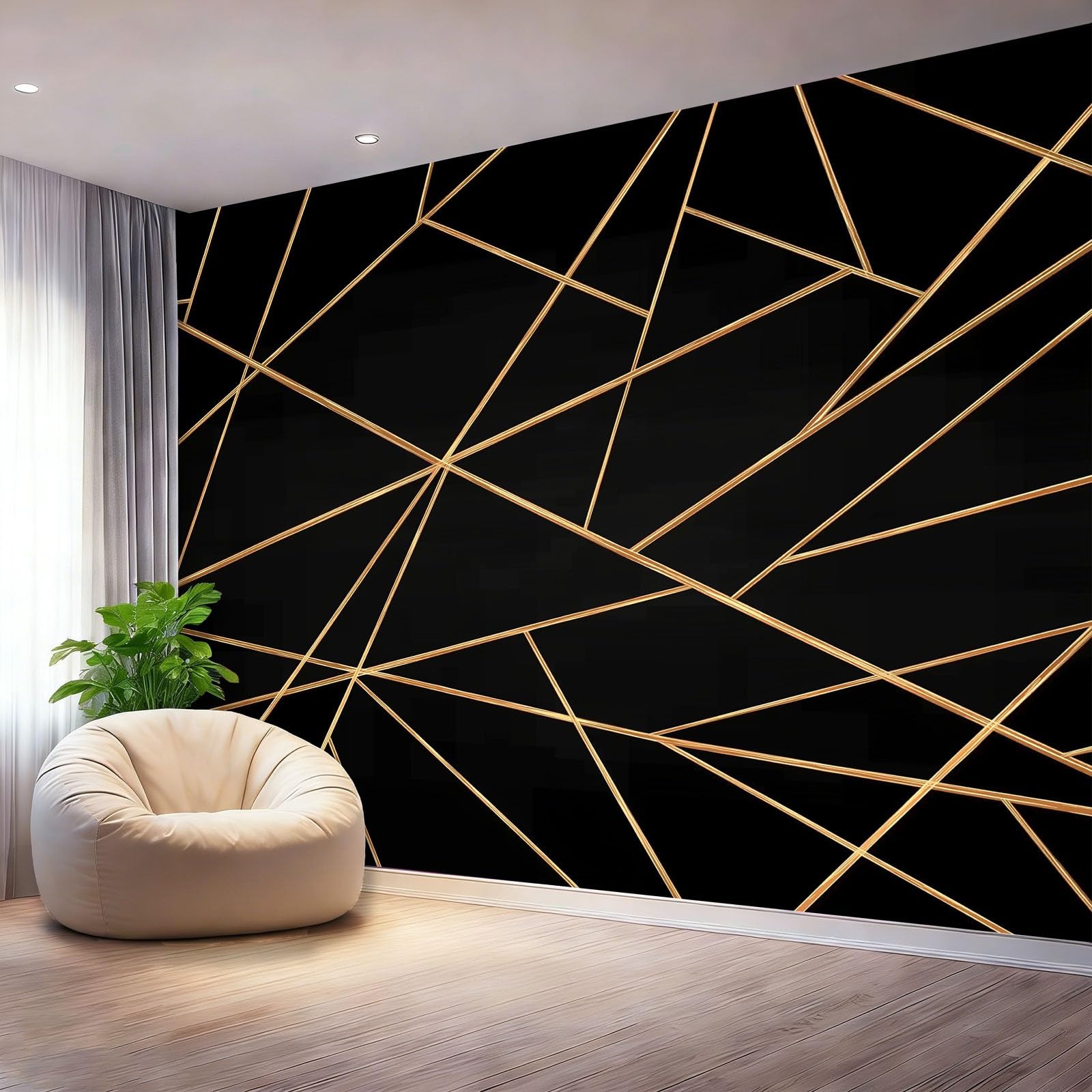 Tapeta 3D z włókniny nowoczesne geometryczne linie 400 x 280 cm tapeta dekoracja ścienna do salonu sypialni czarno-złoty