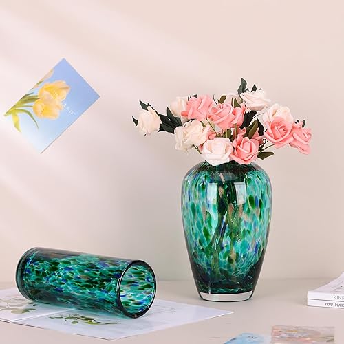 Miniatura 7 de Jarrón verde azulado de 9 pulgadas de alto, jarrón de vidrio soplado a mano, moderno verde azulado para el hogar, centros de mesa de boca ancha para