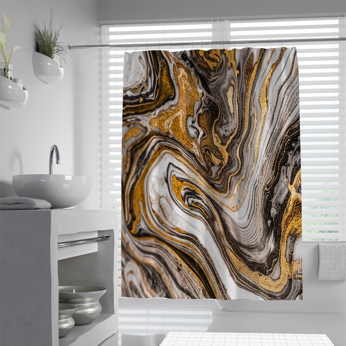 UIRINGART Modern Abstract Bathroom Bathtub Curtains W150xL200cm Gold Grey Black Agate Geode Pattern Machine Washable Waterproof Lightweight Home Decor