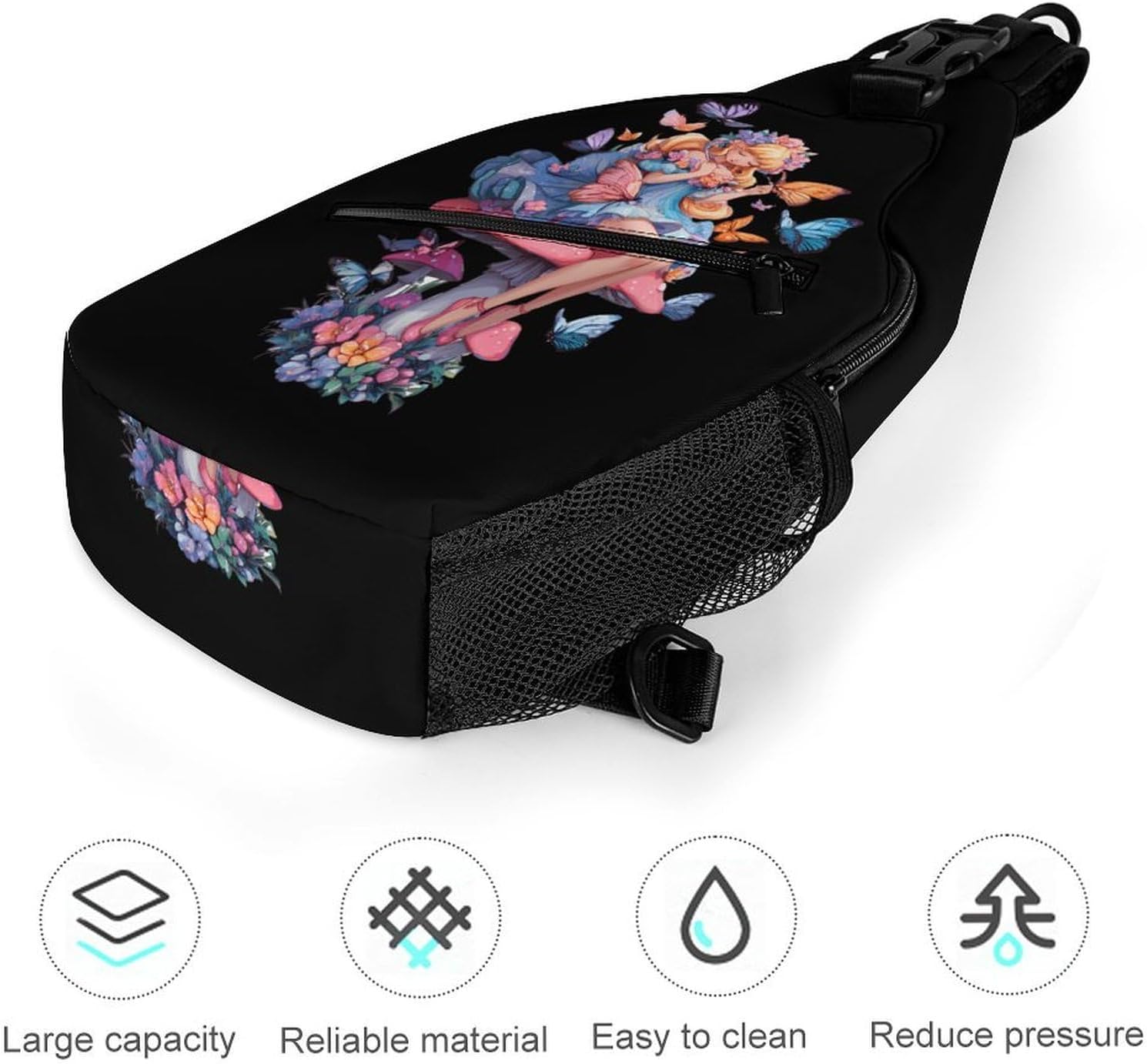Fairy Mushroom Butterfly Men Crossbody Sling Backpack Chest Bag | Travel Fanny Pack,Hiking Daypack,Print Shoulder Bags