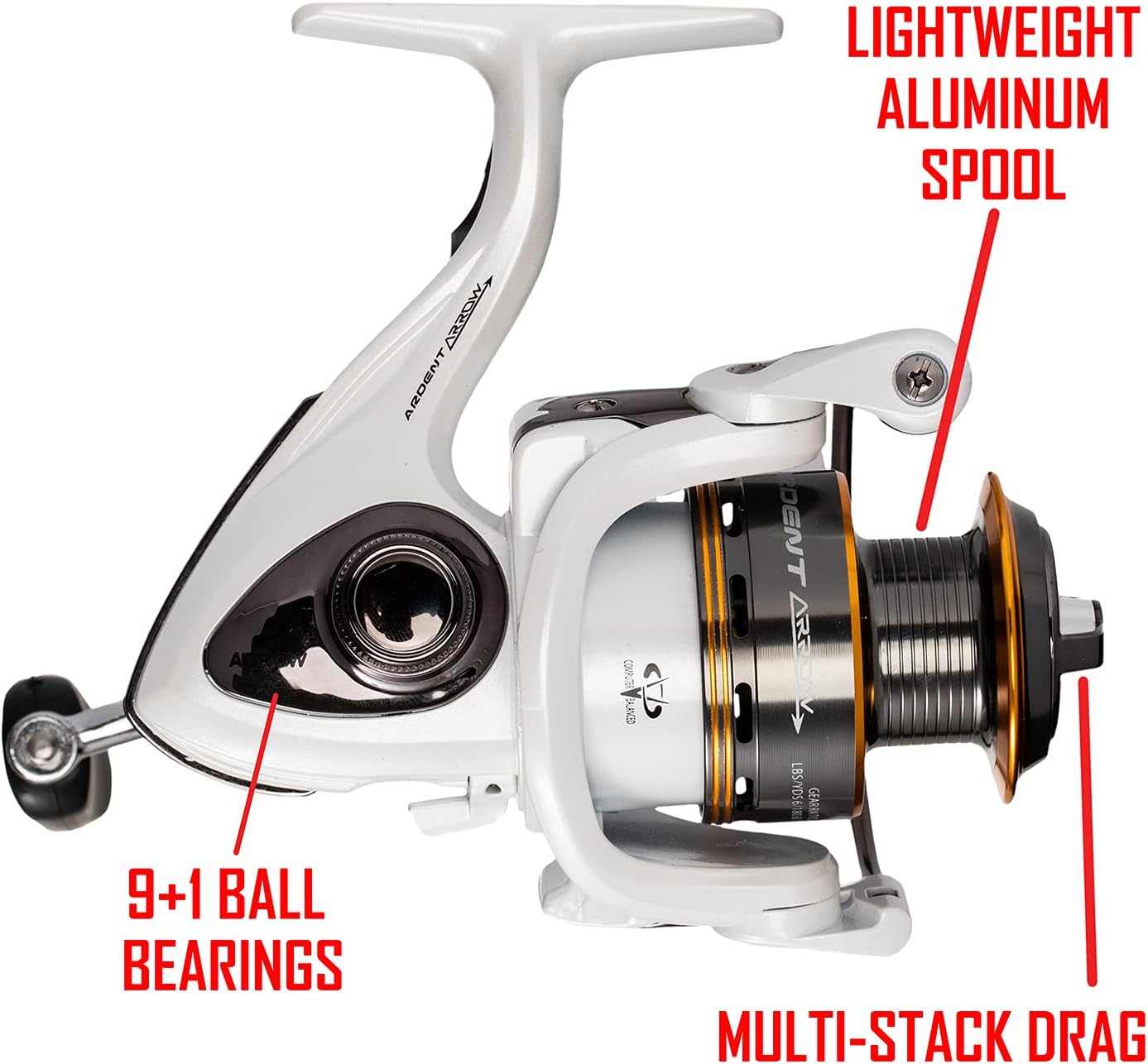Ardent Arrow 5.0:1 Spinning Fishing Reel - Left or Right Hand White / Orange, 2000