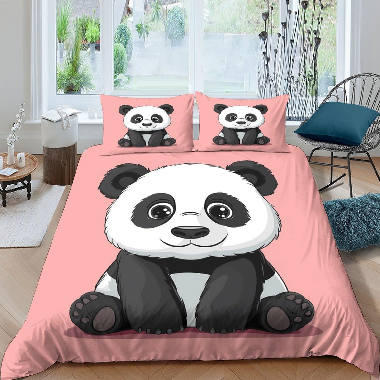 TUFRTGYHN 3D Printed Cute Panda Duvet Cover Set Pink Microfiber Soft Breathable Animal Bedding Set with 2 Pillowcases for Bedroom Single（135x200cm）