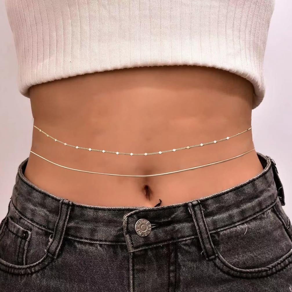 Gold Silver Waist Chain for Women,Belly Chain Body Chain Jewelry Waterproof Adjustable Beach Body Chains Layered