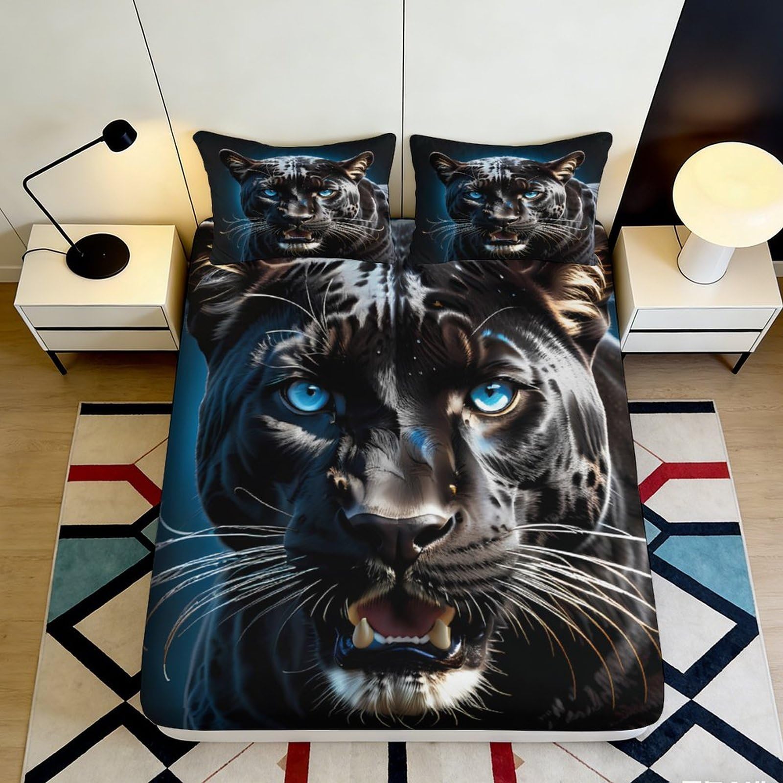 Lifelike Panther 3D Printed Fitted Sheet Microfiber Deep Pocket Panther Mattress Fitted Cover Non-Slip Full Wrap 200x200x25cm