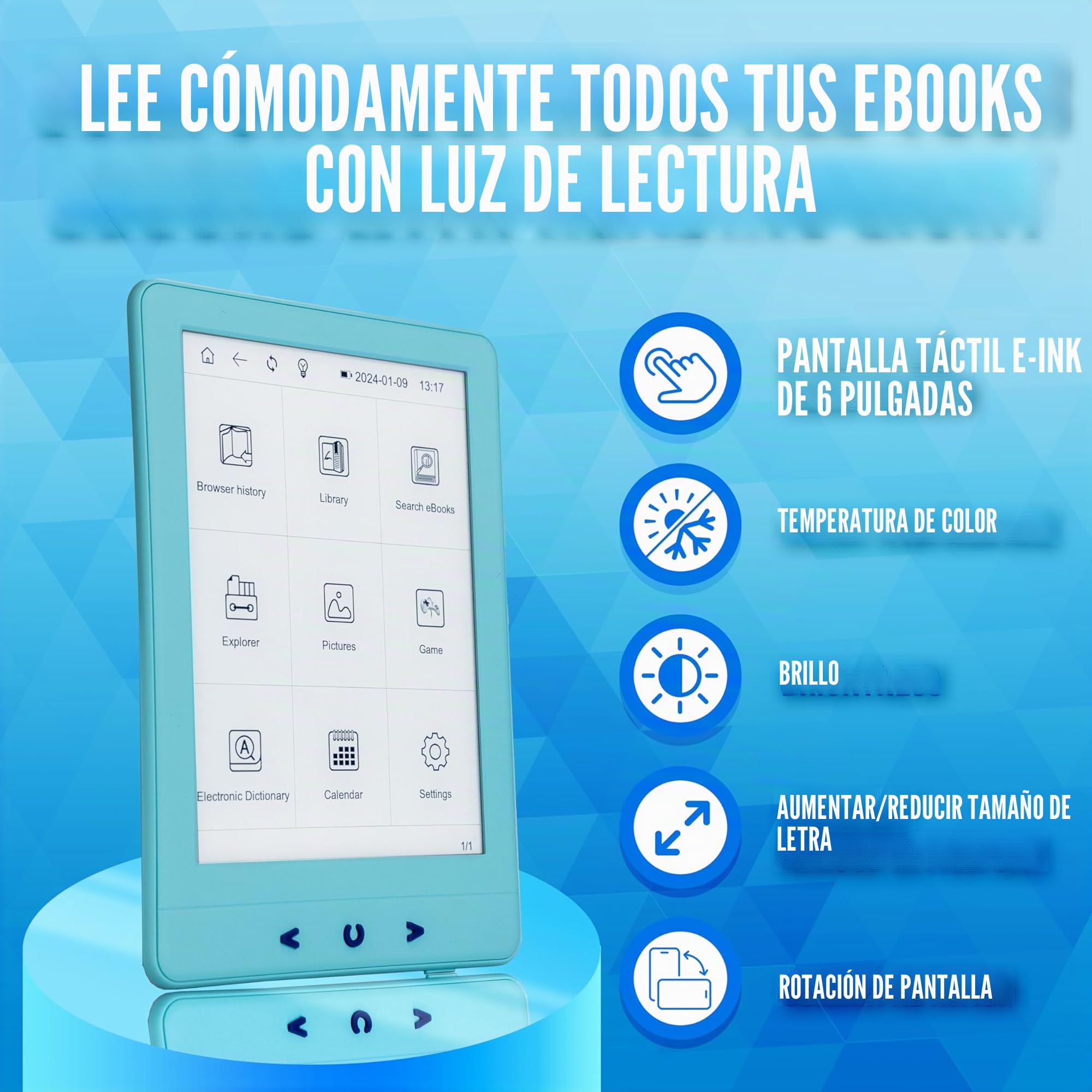 Silvergear® Ebook Reader con Retroiluminación | Pantalla Táctil E-Ink de 6 Pulgadas | 4 GB de Memoria para 3000+ E-Books | E-Reader | Antirreflejos y Ligero | Azul