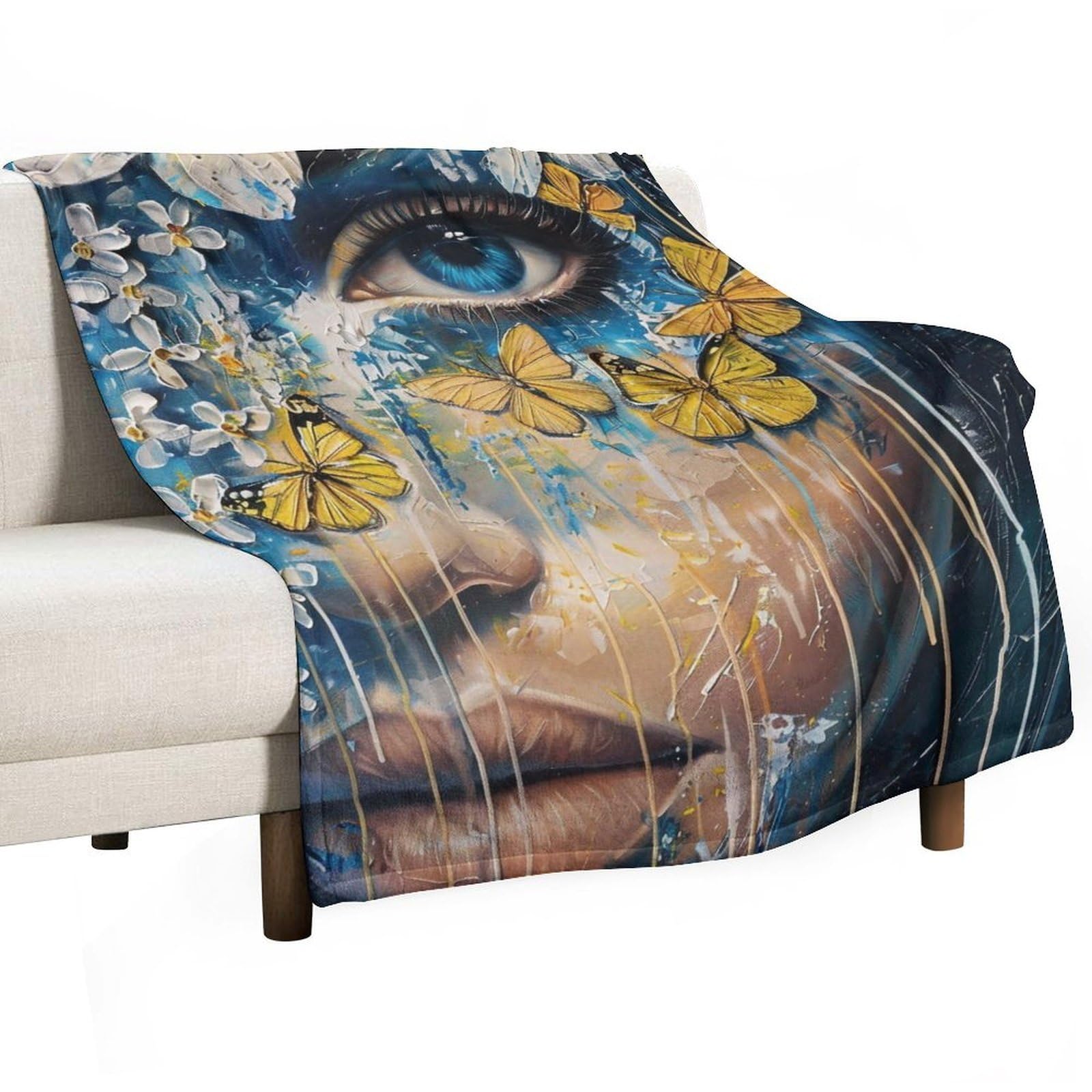 YHGSREUOH Blue Eye Floral Butterfly Woman Surreal 02 Flannel Blankets Fleece Soft Throw Lightweight Plush Gifts for Couch, Bed, Cozy Sofa Plush, Chair, Lovers 100x130cm(40x50in)