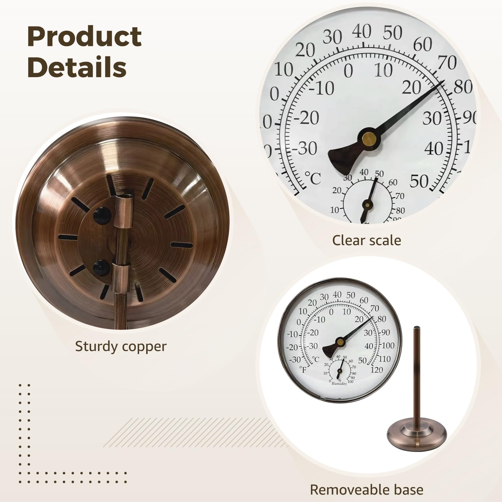 4 Zoll Vintage Bronze Thermometer Hygrometer, Tischgerät zur Messung von Raumtemperatur und Luftfeuchtigkeit, für Innen und Außen, gut ablesbare Celsius Fahrenheit Skala, batteriefrei
