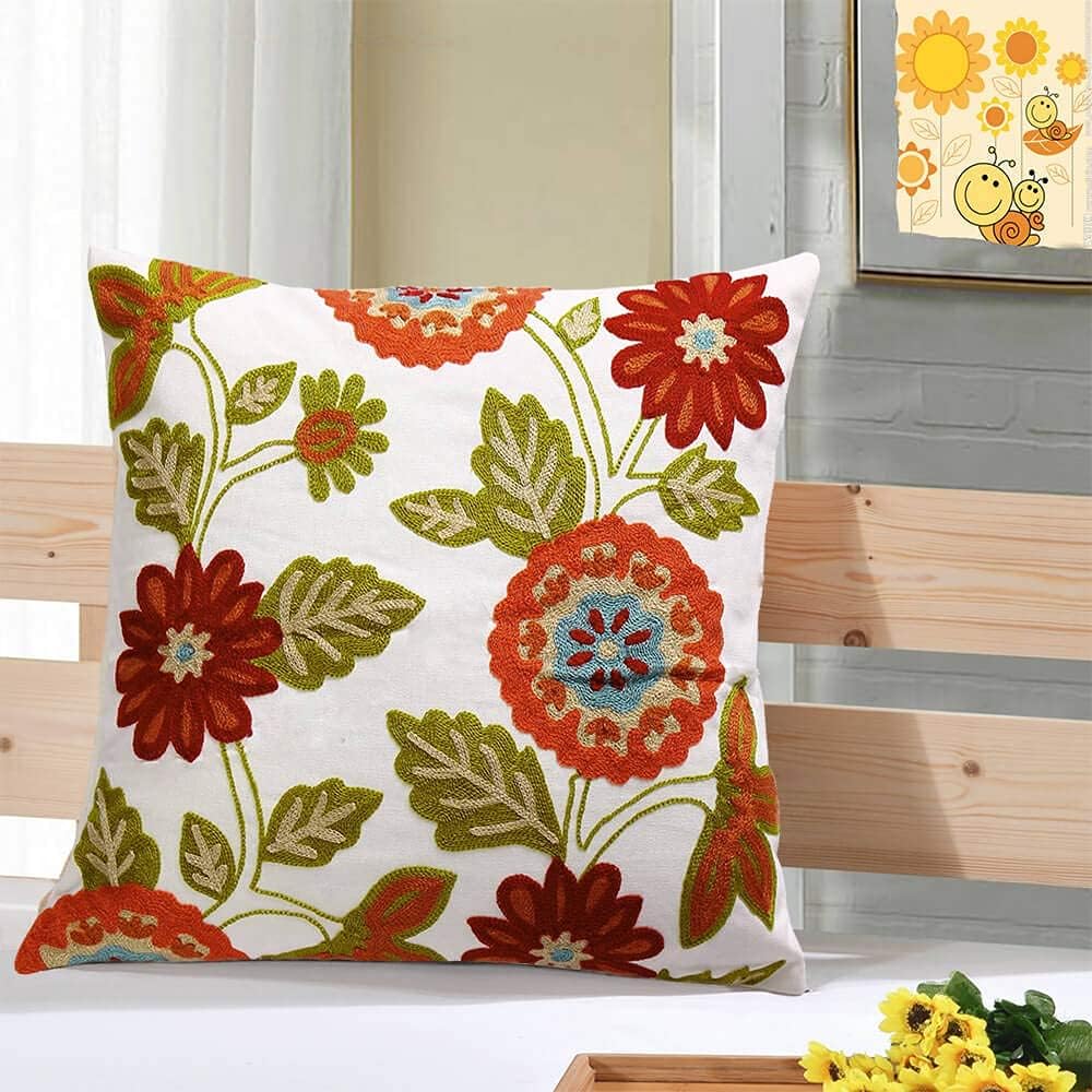 Throw Pillow Case Covers 18x18 inch Set of 2 Decorative Floral Embroidered Design on Solid Natural White Background for Couch, Sofa, Bed - Cushion Not Included