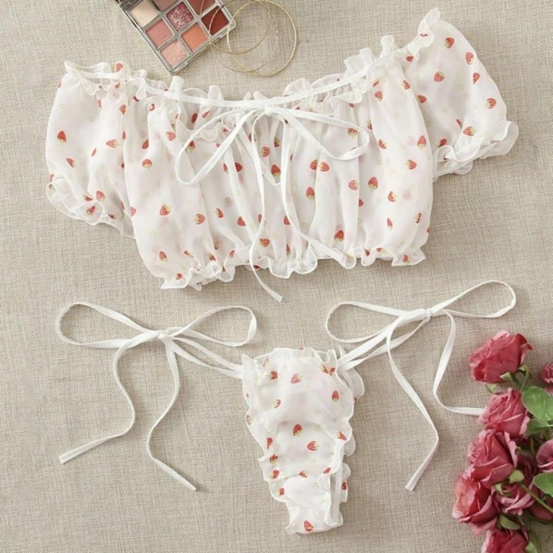 Sexy outfit Damskie seksowne biustonosze i majtki w kropki komplety bielizny Babydoll Strappy przezroczyste wykończone frędzlami bielizna z uroczą kokardką G String