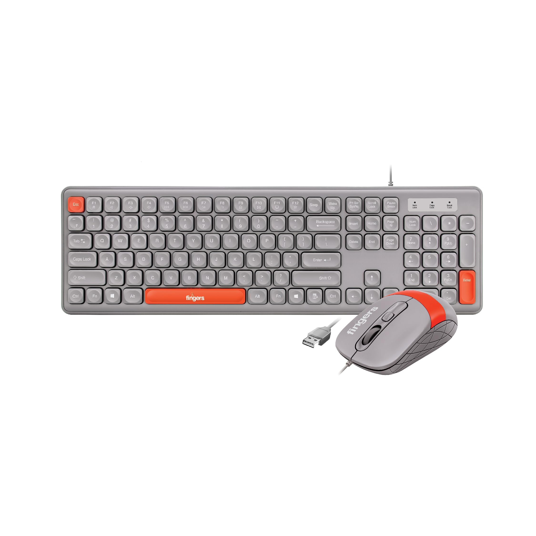 FINGERS Velvet Combo Rangeela Series Wired Deskset (Mouse + Keyboard) (Optical Technology, 12 Quick Soft-Touch Media Controls for Instant Access & Rupee Key) (Pearl Grey + Orange)-image-9