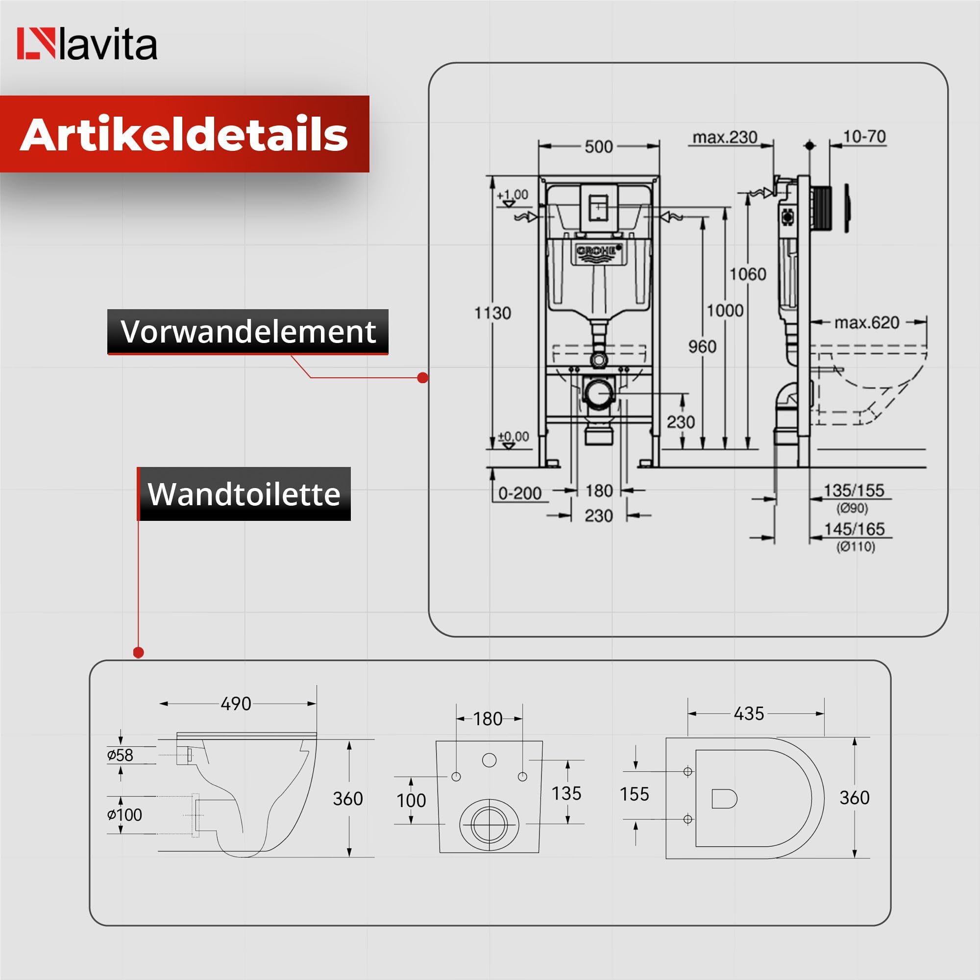 LAVITA Vorwandelement Solido + Wand Hänge WC Giant Weiß Spülrandlos + WC Sitz mit Absenkautomatik Glänzend Weiß Knopf Komplettset Unterputz Spülkasten Toilette Komplett Sett WC