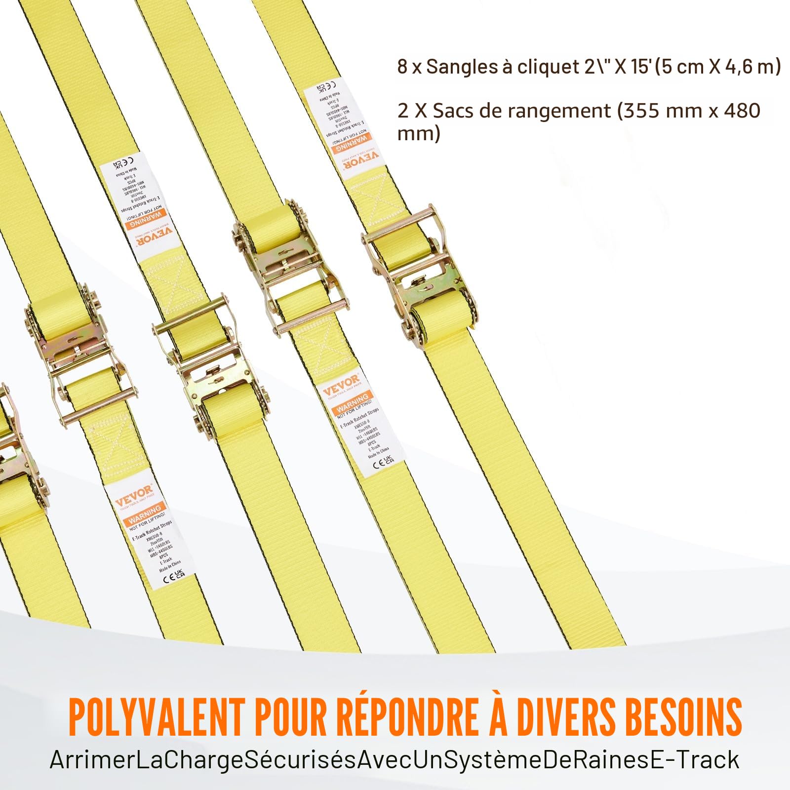 VEVOR Sangle à Cliquet Sans Fin Lot de 8 Sangles d'Arrimage E Résistance à la Rupture Maximale 1995,8 kg 0,05x4,6 m pour Sécuriser Cargaisons, Électroménagers, Équipement de Jardin, Moto, Déménagement