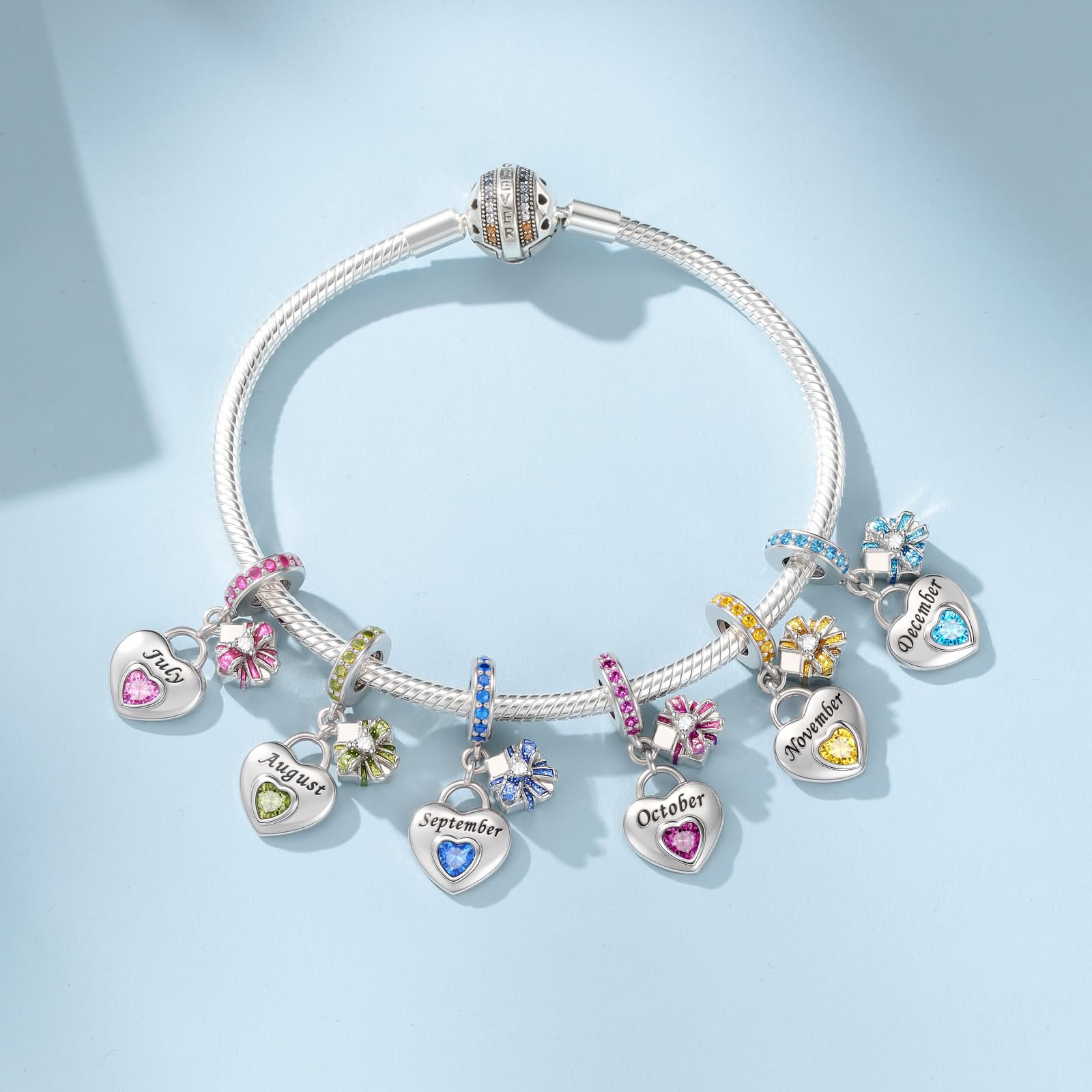 HappyStar 925 Sterling Silber Herz Zirkonia Geburtsstein Charm Anhänger für Geburtstag Personalisiertes Geschenk Bead Charms für Damen kompatibel Pandora Armbänder Geburtstag Valentinstag