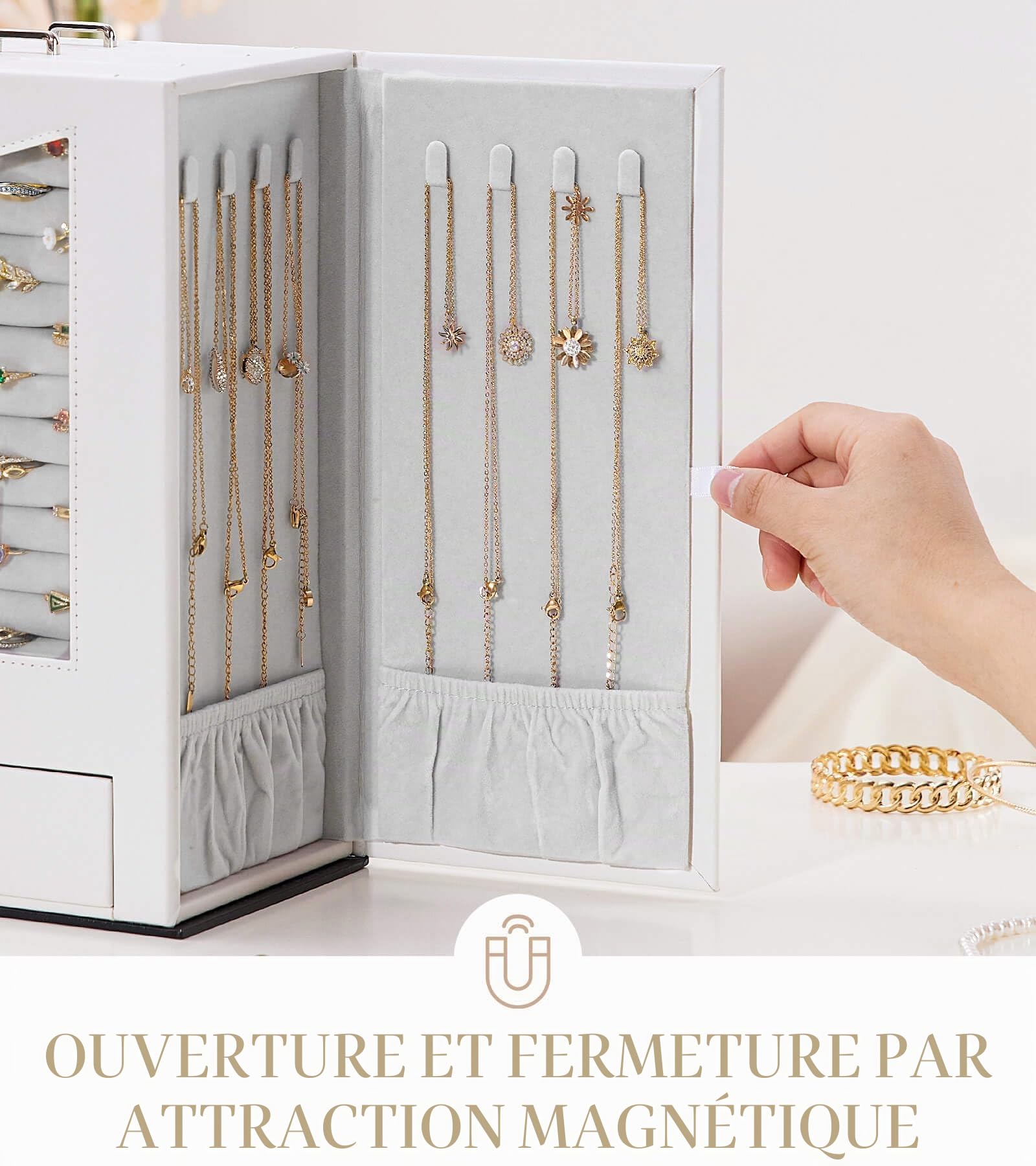 Homde Boîte à Bijoux, Porte Bijoux, Rangement Bijoux, avec Fenêtre transparente, Cadeau Noel, pour Bracelets, Boucles d'oreilles, bagues, Colliers, Montres, Grand, Blanc