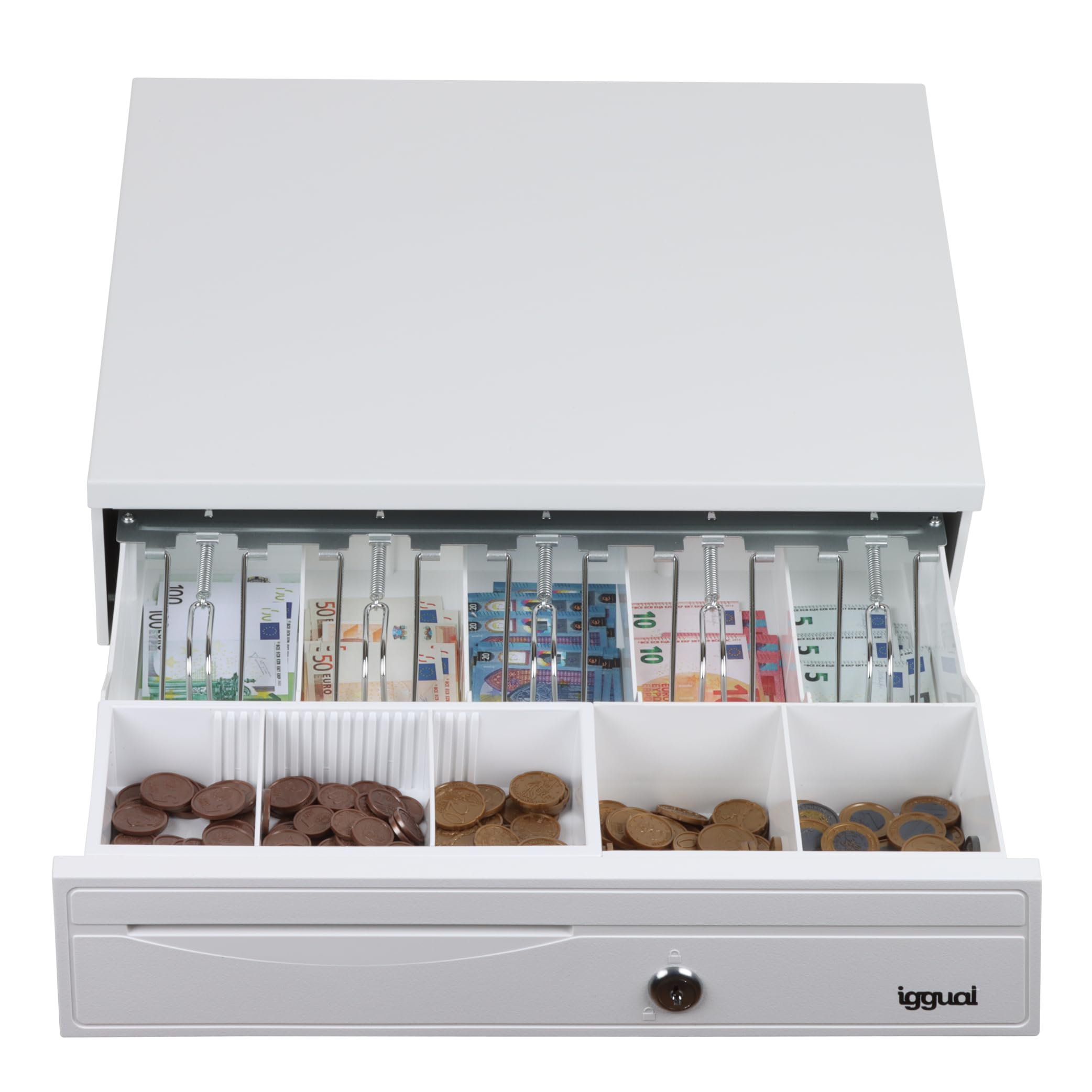 iggual -Tiroir caisse IRON-30PW - Caisse Enregistreuse Manuelle ou Automatique pour 5 Billets et 5 Pièces - Serrure à 3 Positions - Acier + Plastique ABS - Usage Professionnel - Blanc Pur (42x40,5x10)