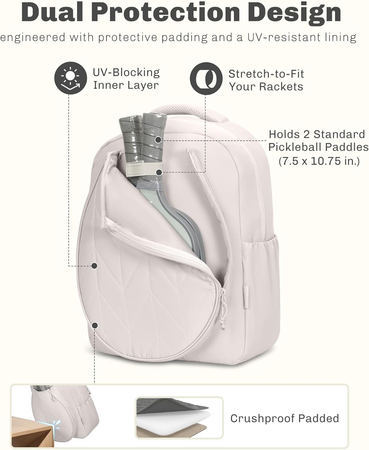 Hynes Eagle Pickleball Backpack Quilted Fits 2 Rackets with Wet Pocket Tennis Gym Backpack for Women Sport Daypack 22L Beige - Image 3