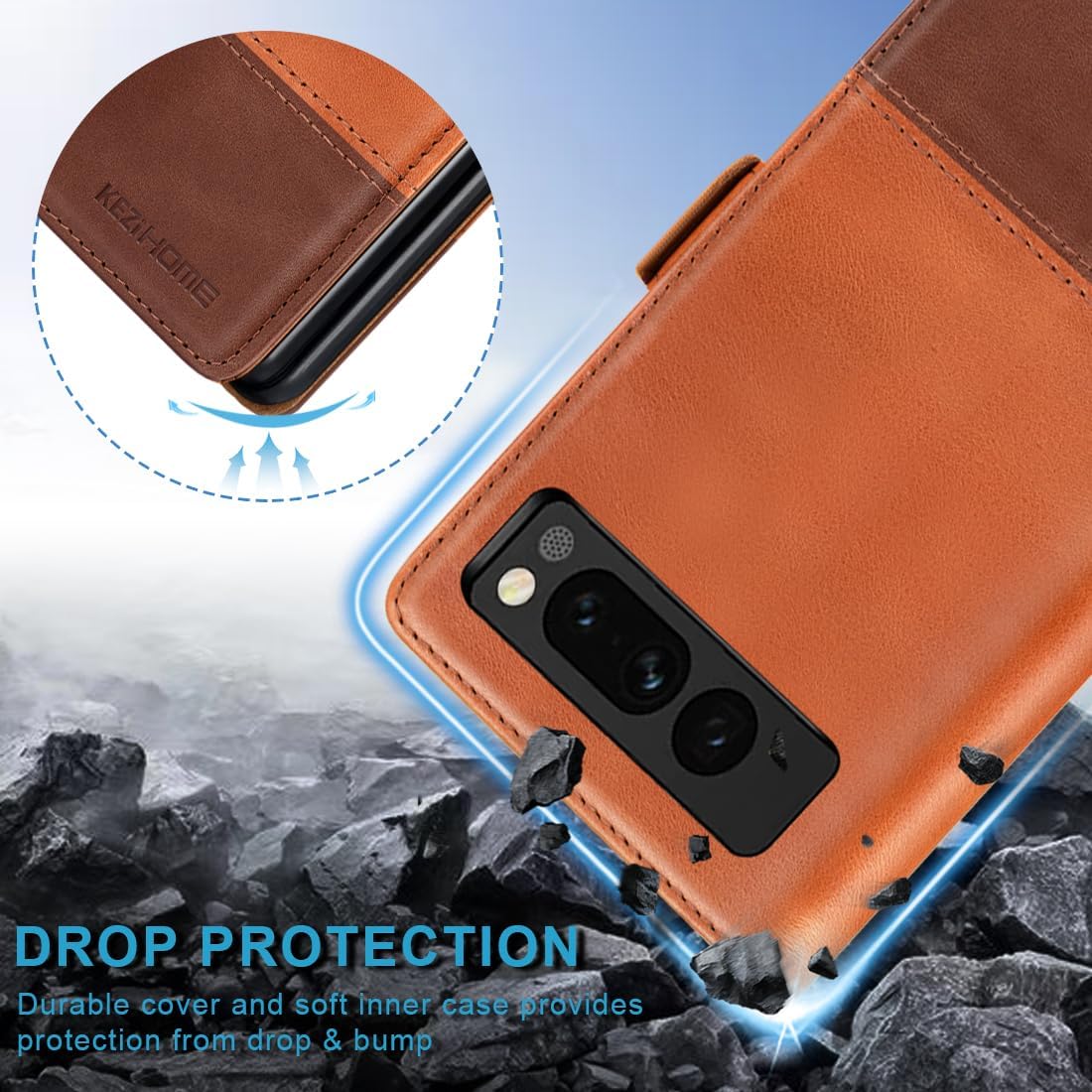 KEZiHOME Case for Google Pixel Fold, Genuine Leather [RFID Blocking] Wallet Case with Card Slots Stand Flip Phone Cover for Google Pixel Fold 5G (2023) (Khaki/Brown)
