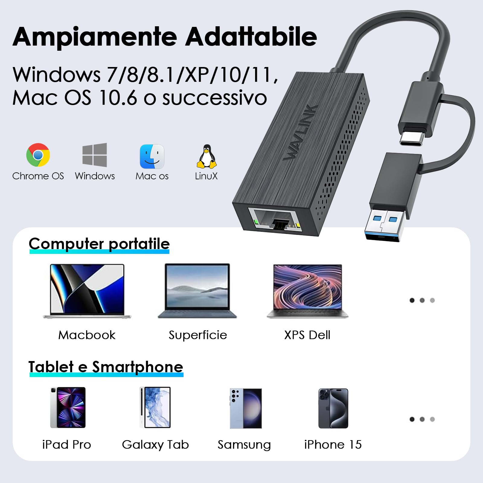 WAVLINK Adattatore USB C a Ethernet, 2.5G USB LAN, compatibile con laptop, PC con Windows 7/8/10, XP, Vista, Mac OS 10.6 o superiore