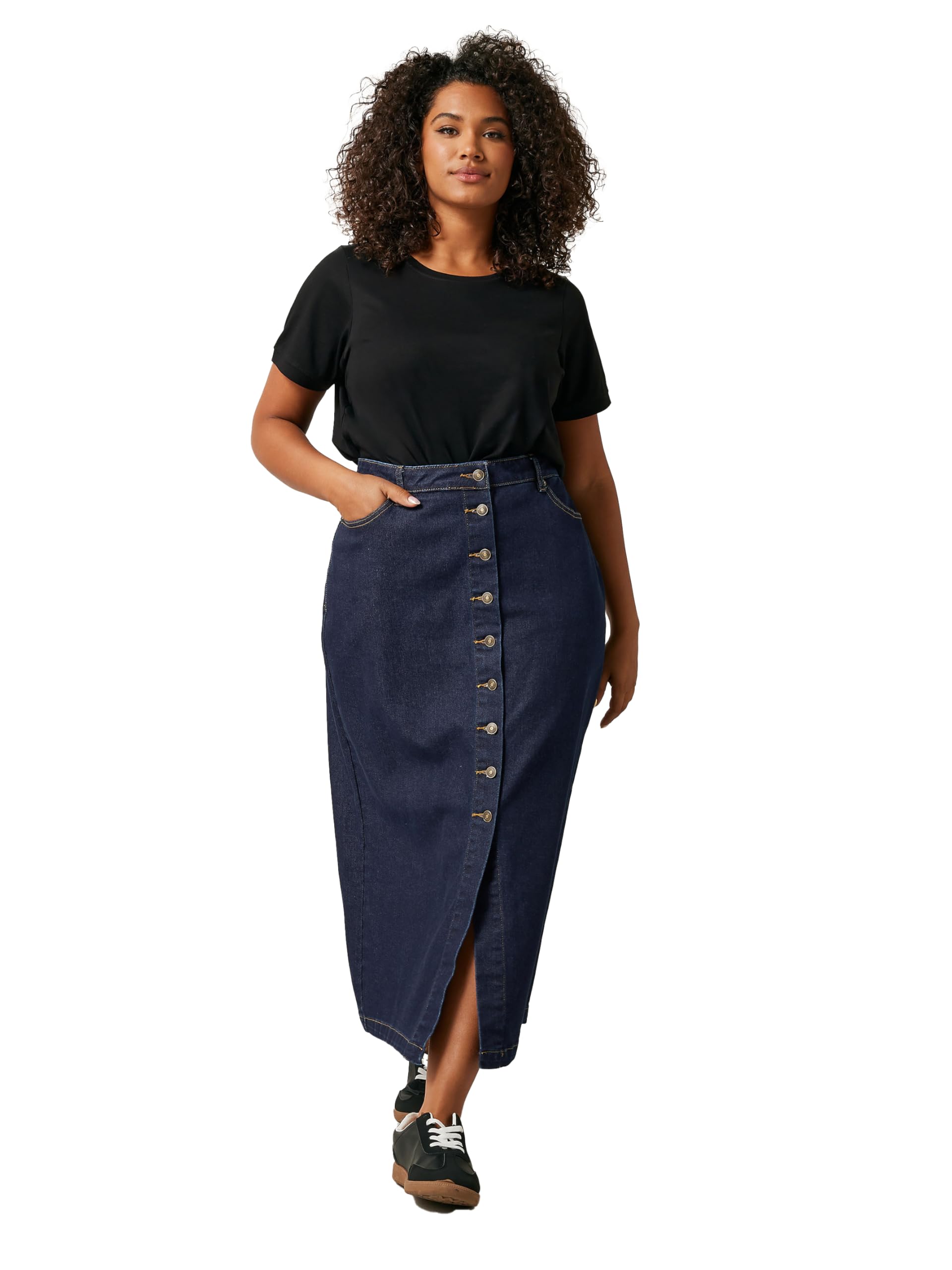 Evans Women's Indigo Curve Blue Button Through Denim Maxi Skirt - Plus Size Curve