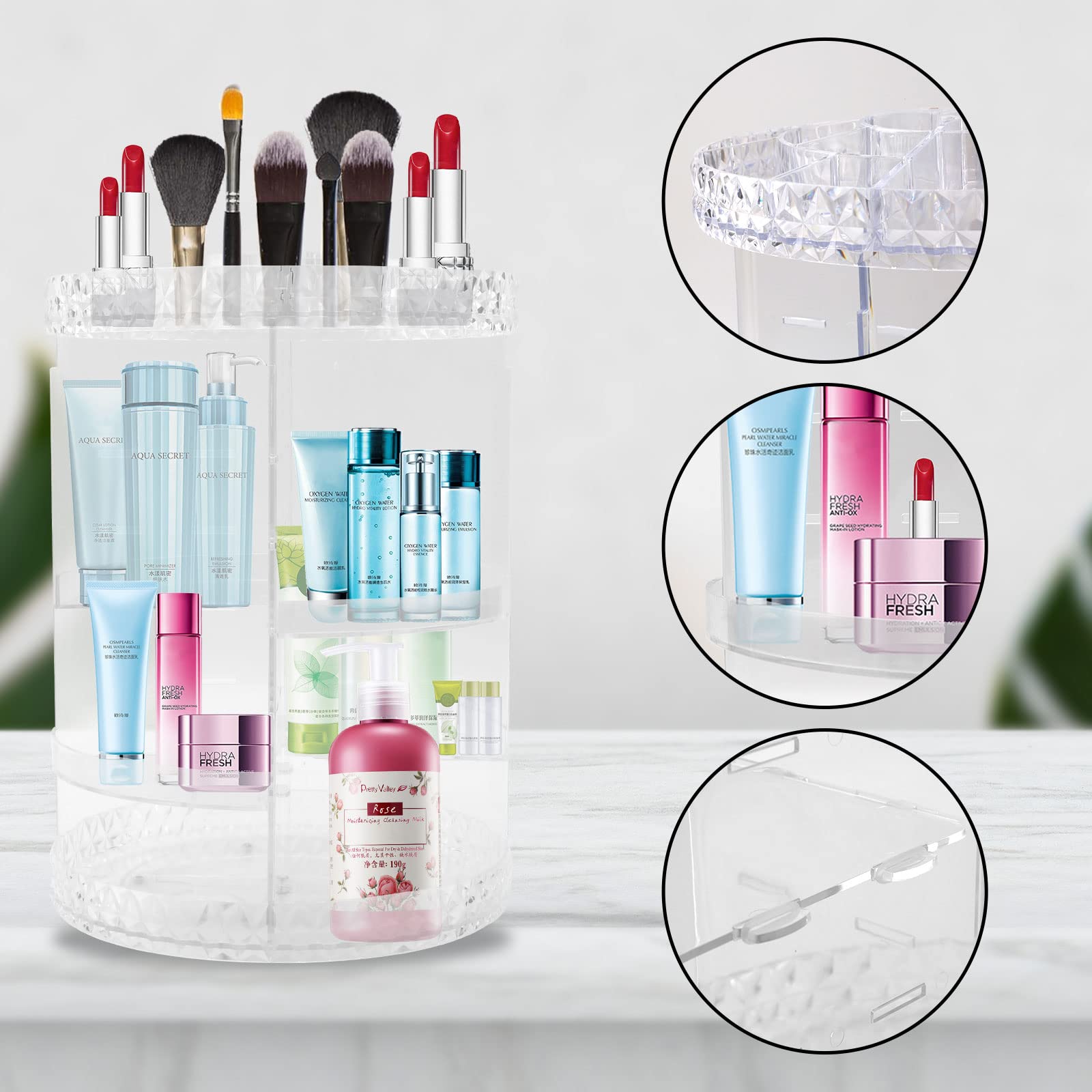 Yuehuamech Makeup Organiser Rotating Makeup Organiser Rotating Cosmetic Display Stand Storage Box Cosmetic Organizer for Countertop Vanity Bathroom Bedroom - Image 2