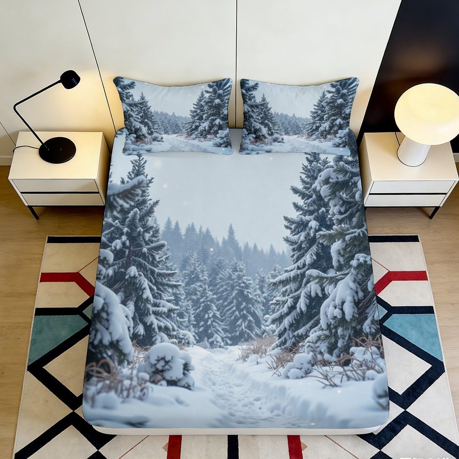 3D Printed Snowy Pine Forest Fitted Sheet Microfiber Soft Blue Winter Landscape Bed Cover for Bedroom Guest Room 200x200x25cm