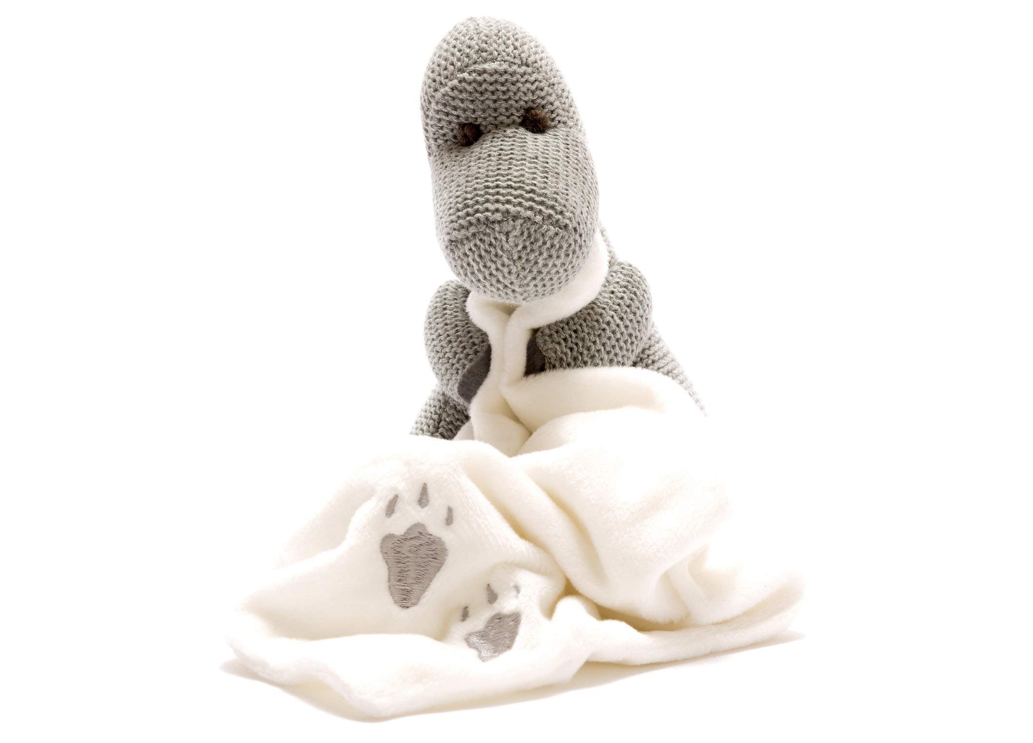 Best Years | Knitted Grey Diplodocus Dinosaur Soft Toy with Comfort Blanket | Newborn Baby Comfort Toy | Baby Safe from Birth | Machine Washable | 15cm x 16cm | Ethically Sourced
