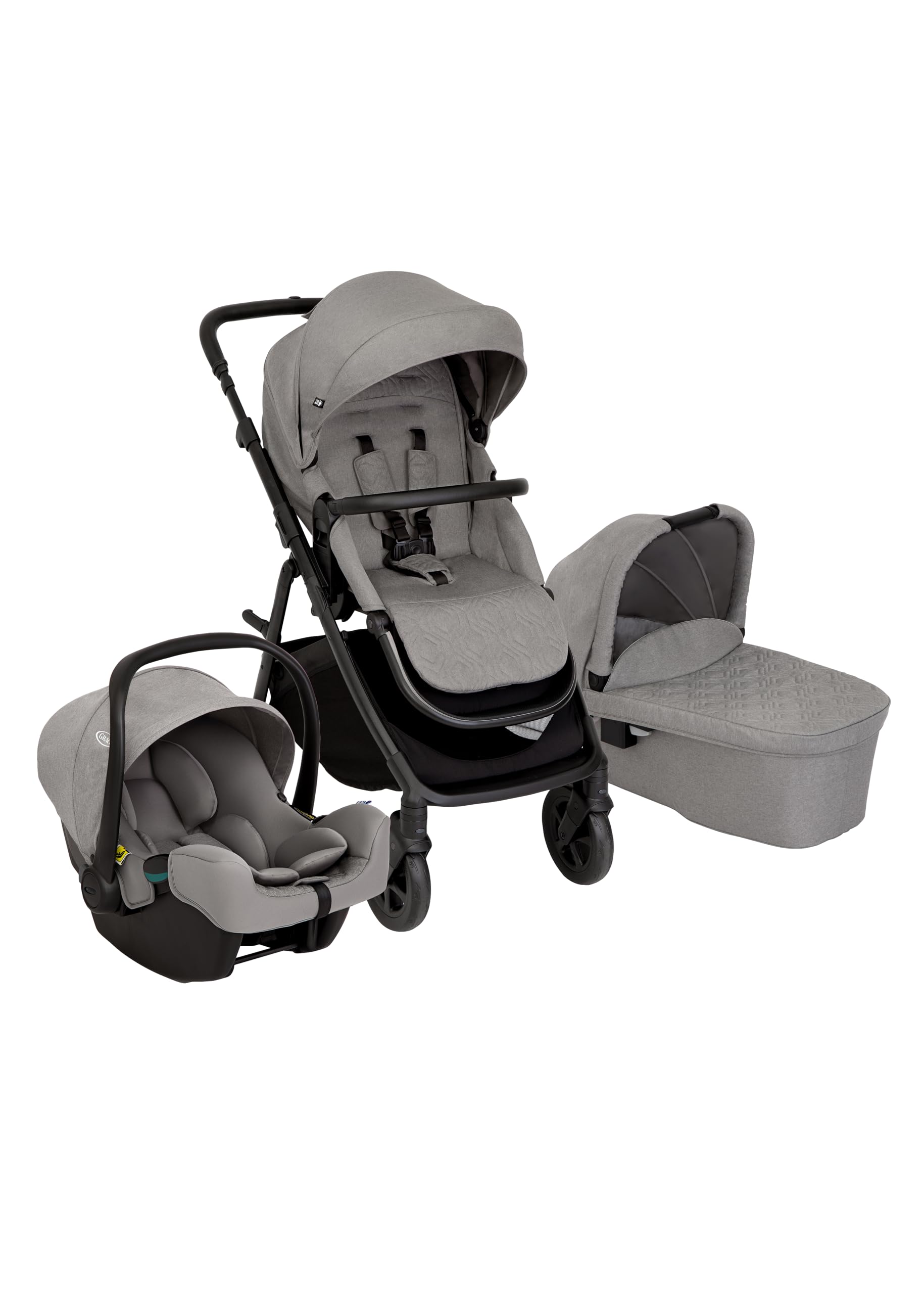Graco - Near2Me™ DLX Trío Cochecito (nacimiento - 4 años aprox.), silla portabebés (hasta 12 meses), capazo (0-6 meses), color Ash