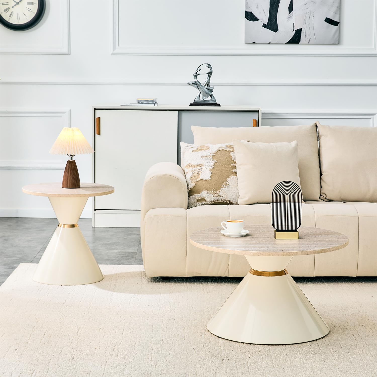 2er Set Runde Couchtische mit Steinoptik(Beige) | Modernes Couchtisch- und Beistelltisch-Set – ideal für Wohnzimmer, Schlafzimmer, Balkon, Empfangsbereich und Büro.