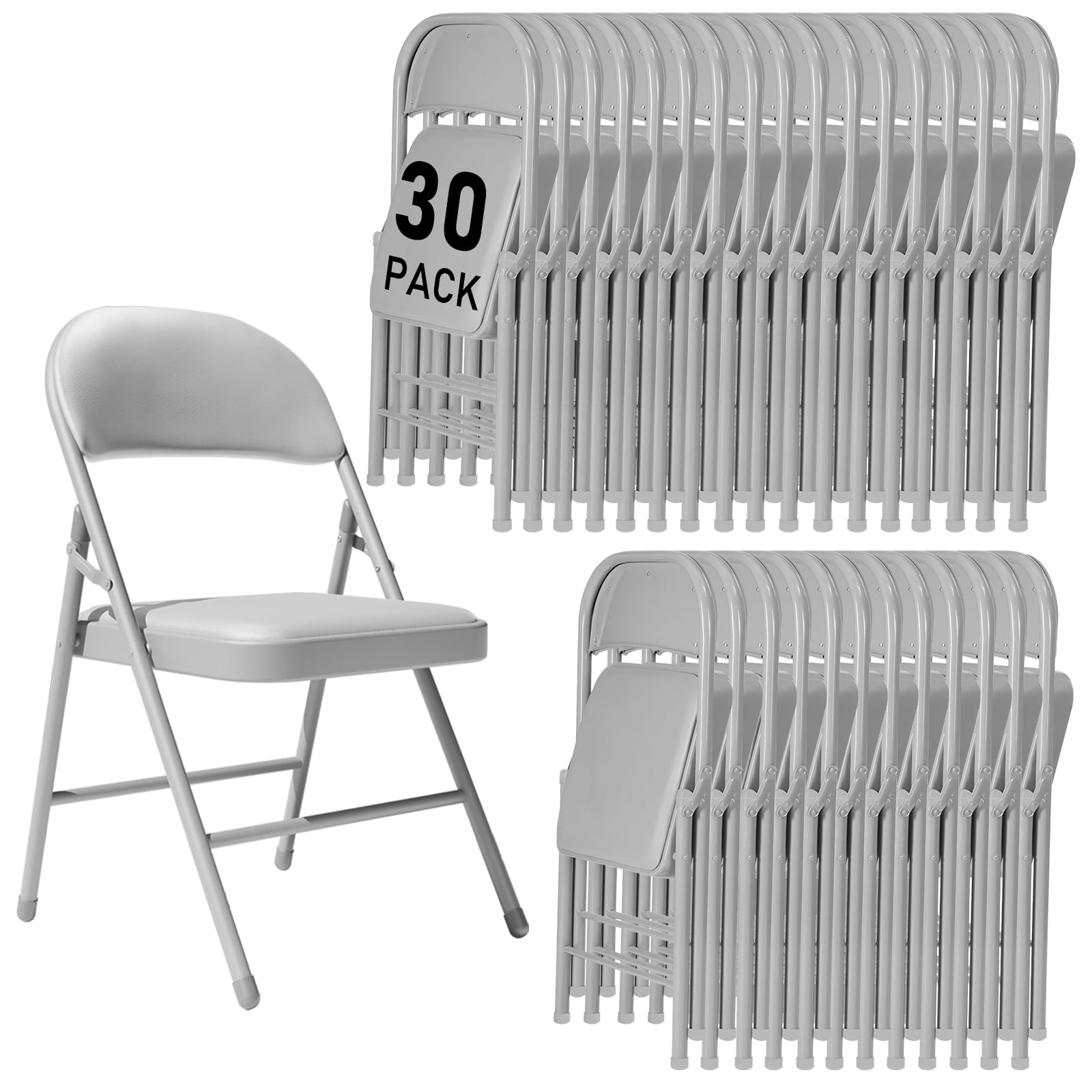susici 30 Pack Gray Folding Chairs with Padded Cushion and Back for Outside Portable Stackable Commercial Foldable Chairs with Steel Frame for Events