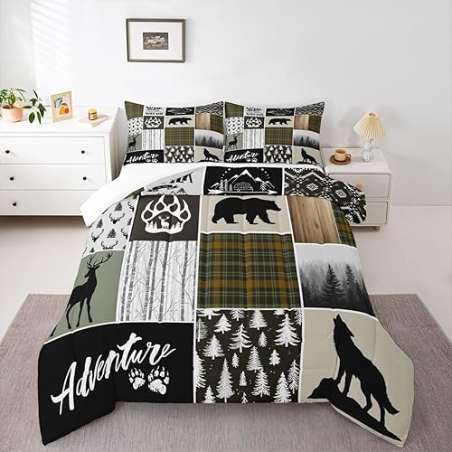Miniatura 5 de Camper Adventure - Juego de edredón para niños, tamaño individual, diseño de ciervos, cuernos de oso, patas, rústico, para decoración de habitación