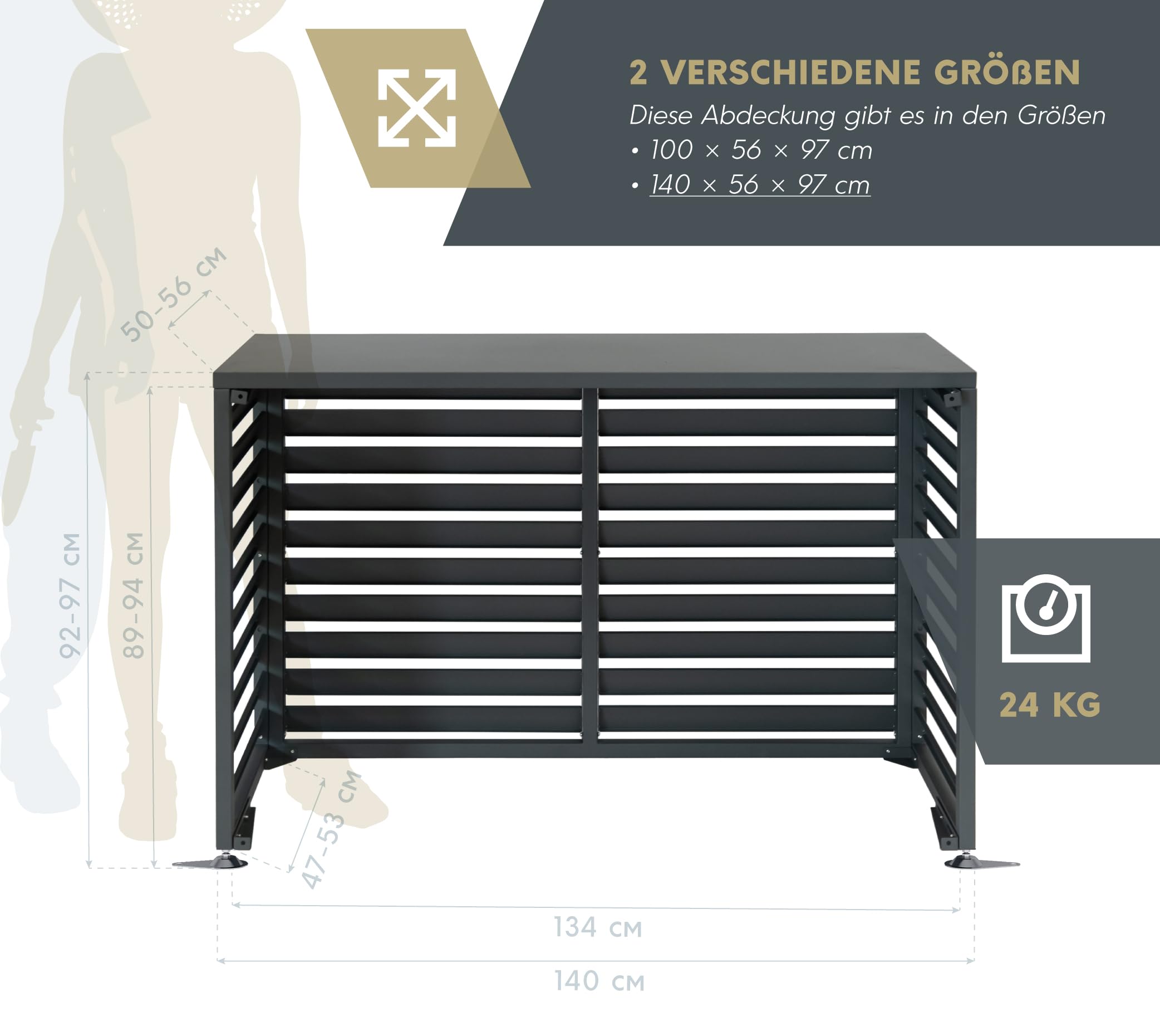 Westmann Boxa S | Wärmepumpen Verkleidung & Klimaanlagen Abdeckung | Stahl Holzoptik Anthrazit | Höhenverstellbar | 100x56x97 cm (Anthrazit, 140x56x97 cm)
