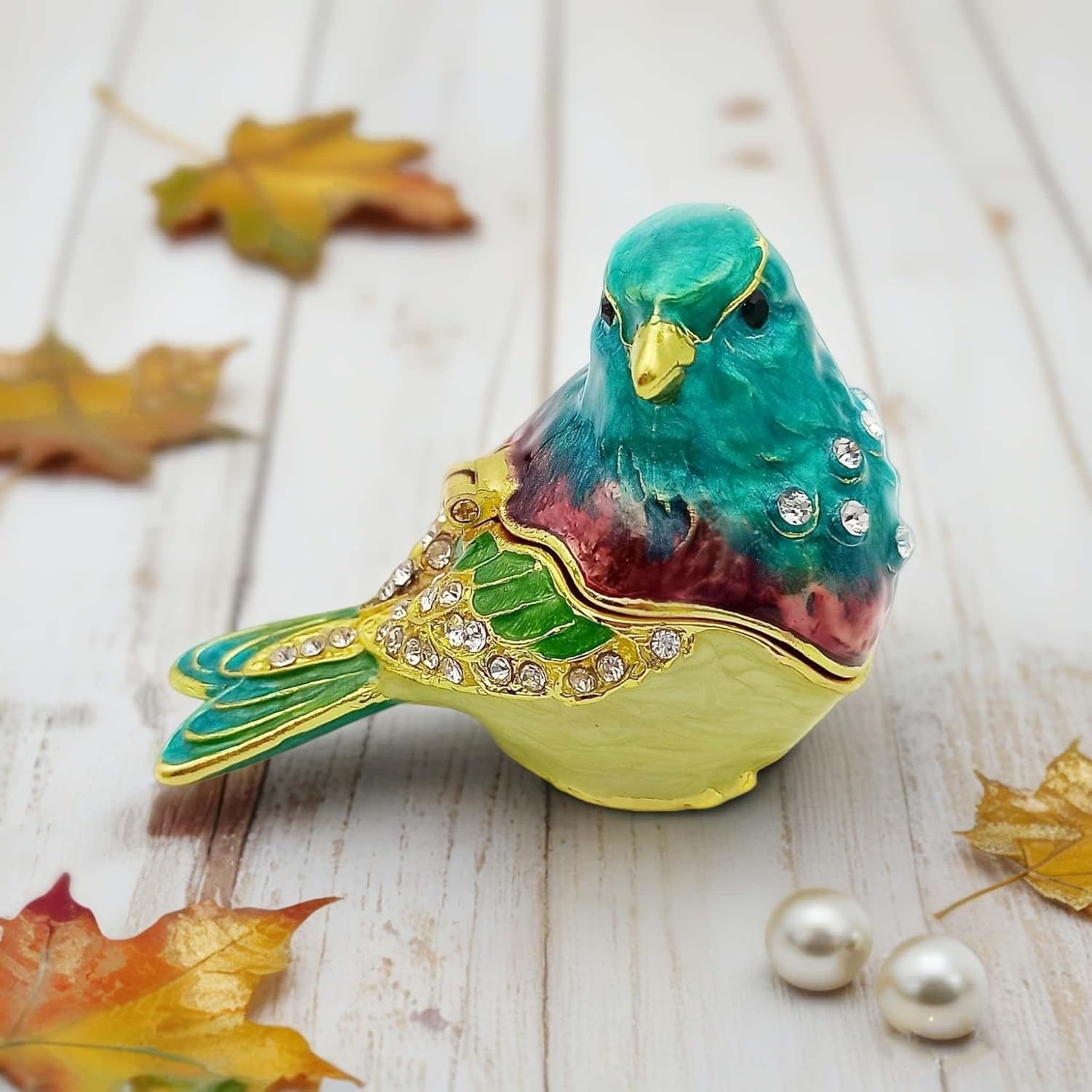 Turquoise Green Bird Trinket Boxes Hinged,Bird Decor with Crystals Enamel Jewelry Box.Necklace Ring Box Earrings Storage.Collectible Birds Lover Gifts Figurines Home Decor - Image 6
