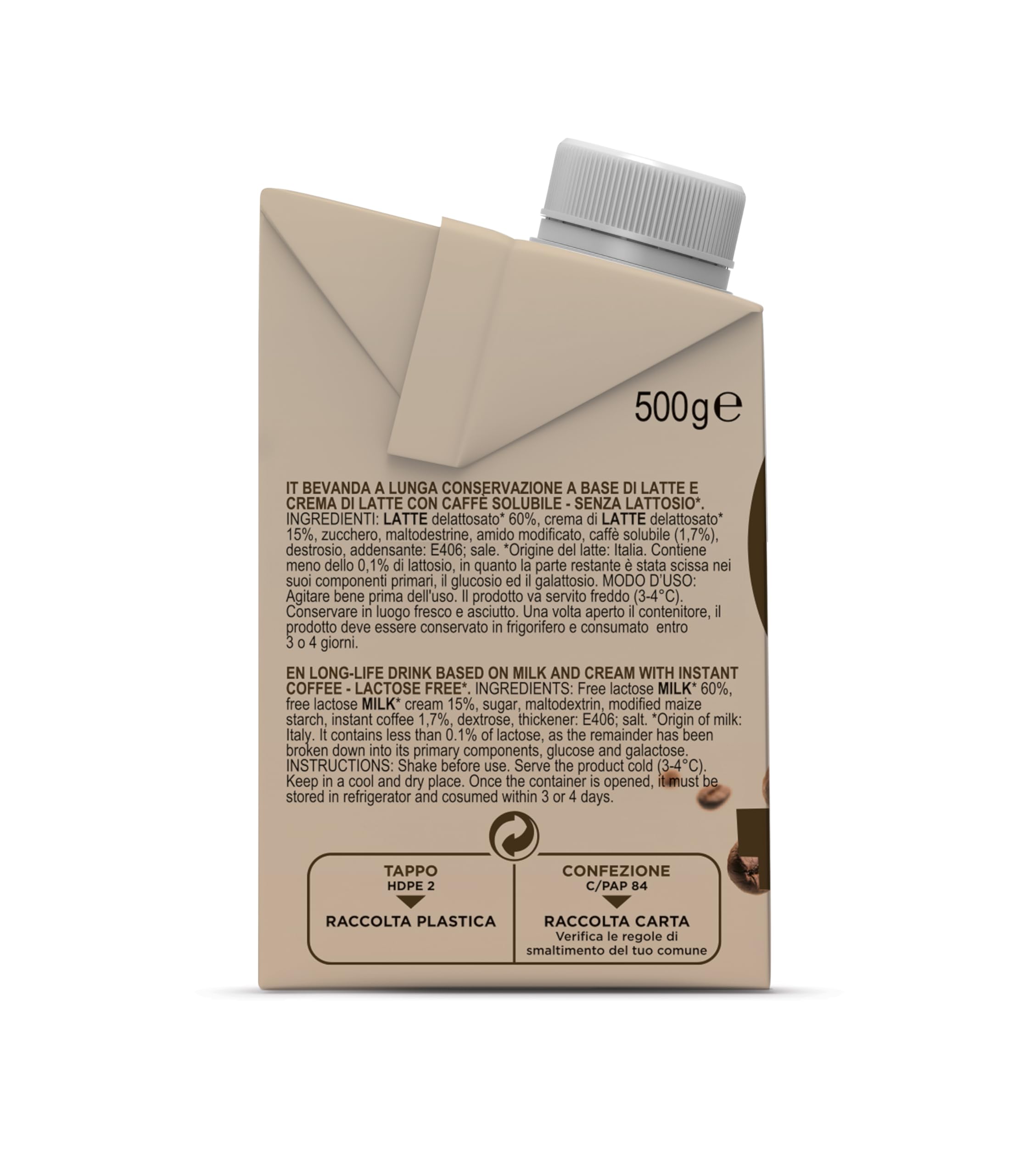 Gimoka CREMA DE CAFÉ FRÍA - brick 500g - Sin lactosa, sin gluten, sin conservantes - a base de leche con café soluble sin lactosa, UHT de larga duración