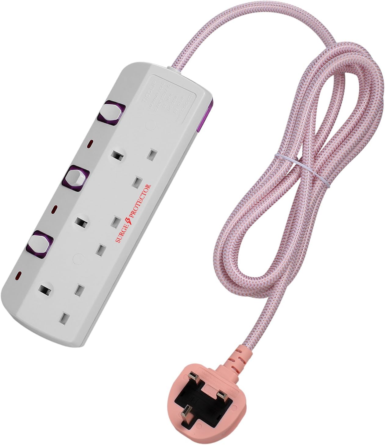 Extension Lead 3 Gang Pink Surge Protected Individual Switch with 2M Fiber Cable