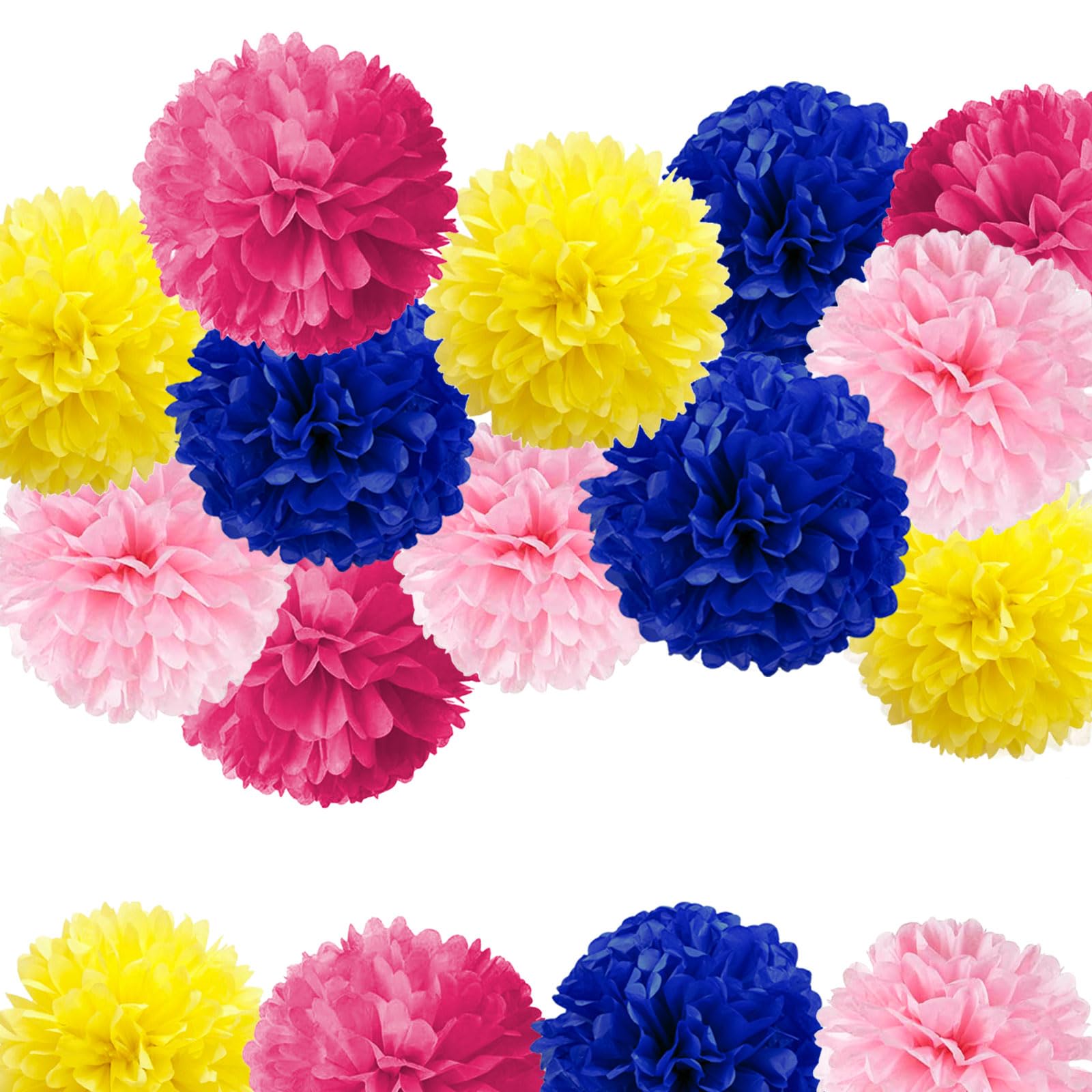 Vsosfiza 12 Pompons Pink, Marineblau, Zitronengelb, Rosenrot - Festdekoration aus Krepp für Hochzeit, Geburtstag, Kinderzimmer