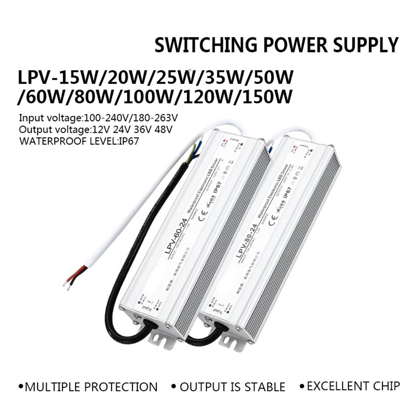 Transformador LED, Fuente de alimentación conmutada LPV resistente al agua IP67, 15 W, 25 W, 35 W, 50 W, 60 W, 80 W, 100 W, 120 W, 150 W, CA/CC, 12 V, 24 V, 48 V, controlador LED de voltaje constante.