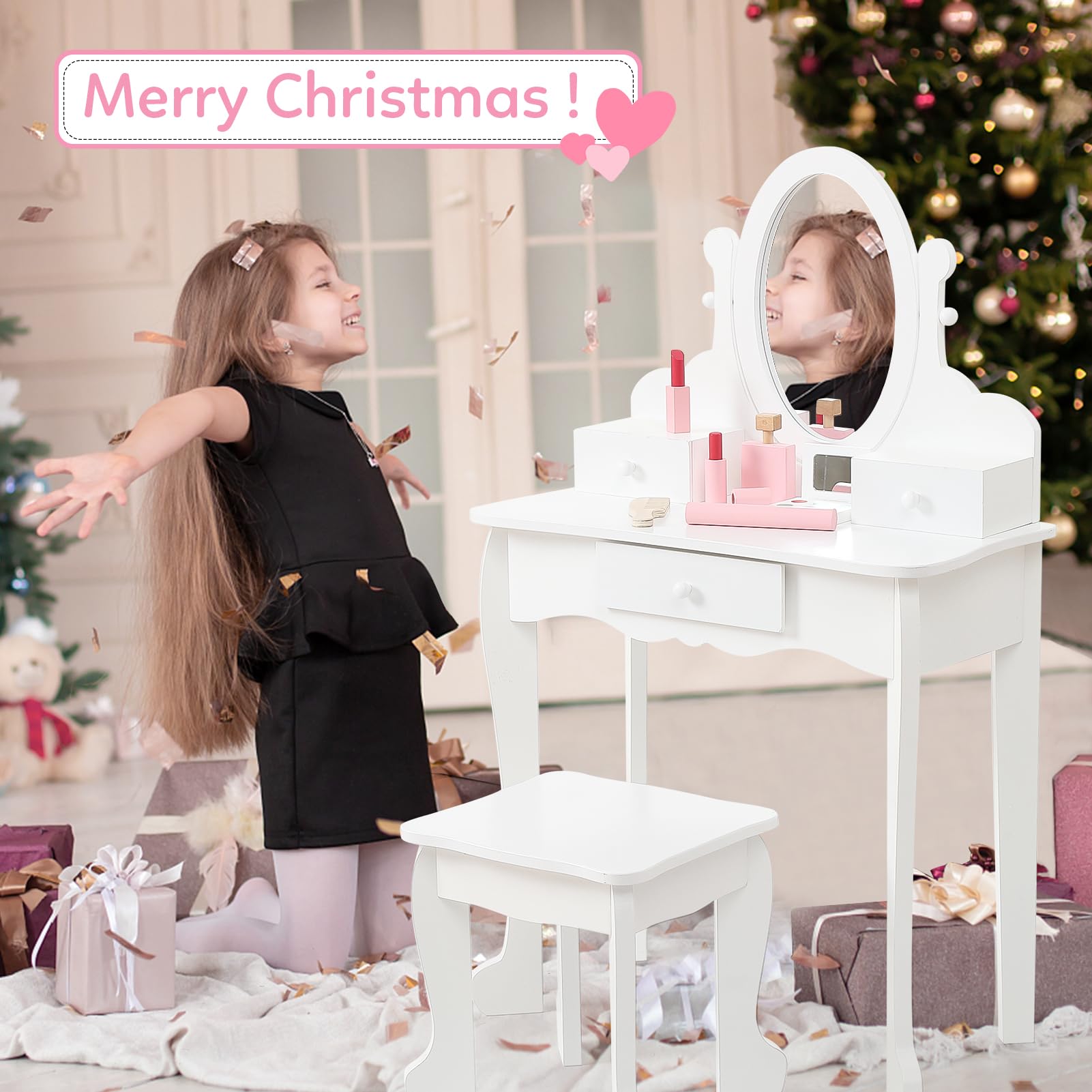 Coiffeuse avec Miroir et Tabouret Enfant, Table de Maquillage Princesse pour Filles de 4 à 9 Ans, Coiffeuse Bureau 2 en 1, Cadeau pour Petites Filles, Blanc